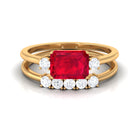 Emerald Cut Created Ruby Contemporary Wedding Ring Set with Diamond Lab Created Ruby - ( AAAA ) - Quality - Rosec Jewels