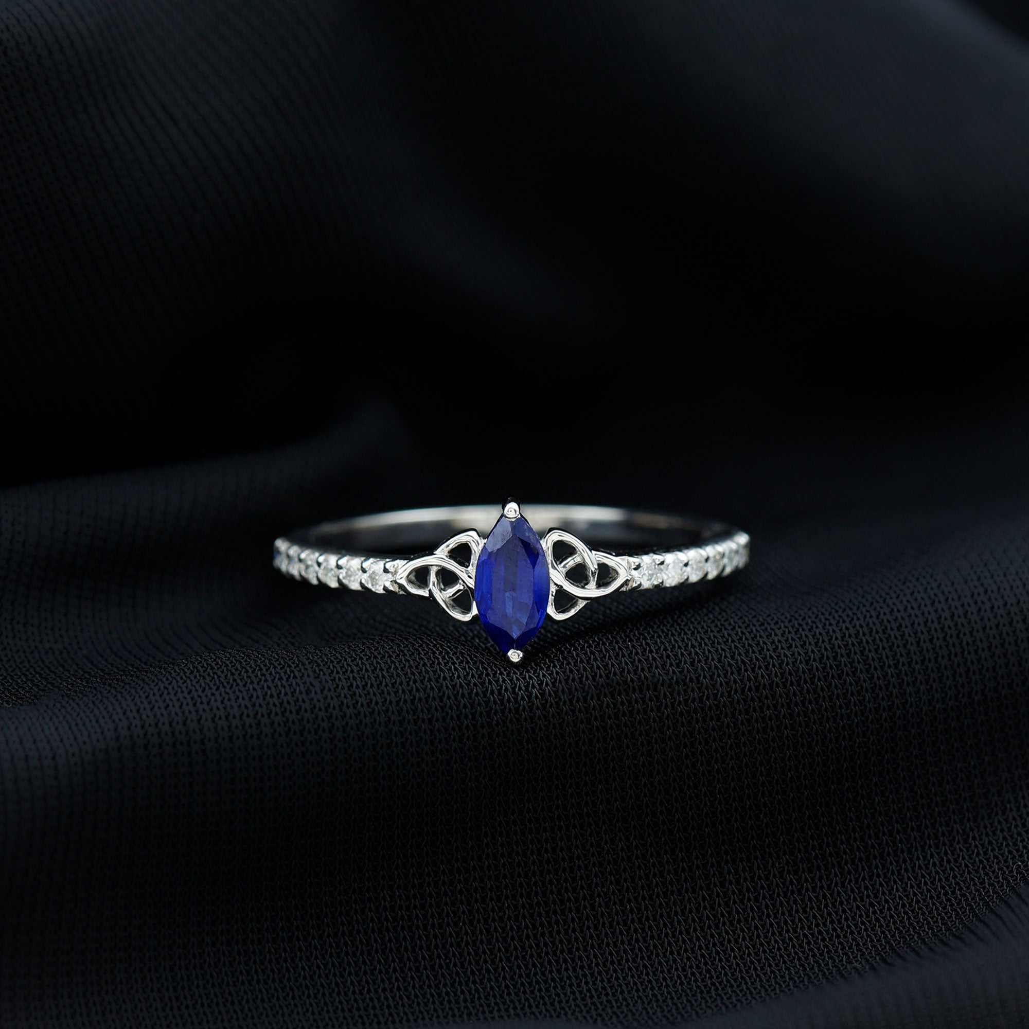 Marquise Cut Solitaire Created Blue Sapphire Celtic Knot Ring with Diamond Lab Created Blue Sapphire - ( AAAA ) - Quality - Rosec Jewels