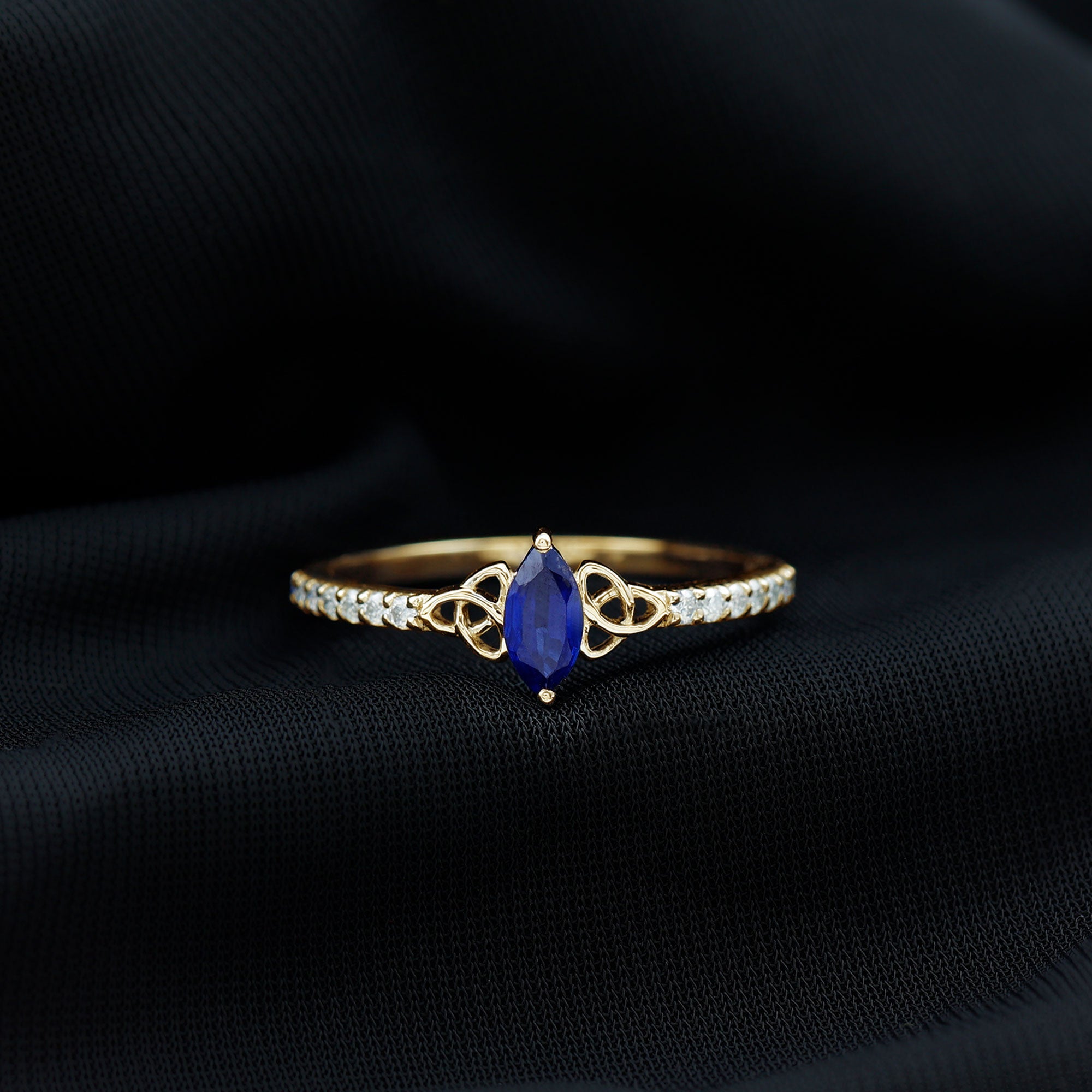 Marquise Cut Solitaire Created Blue Sapphire Celtic Knot Ring with Diamond Lab Created Blue Sapphire - ( AAAA ) - Quality - Rosec Jewels