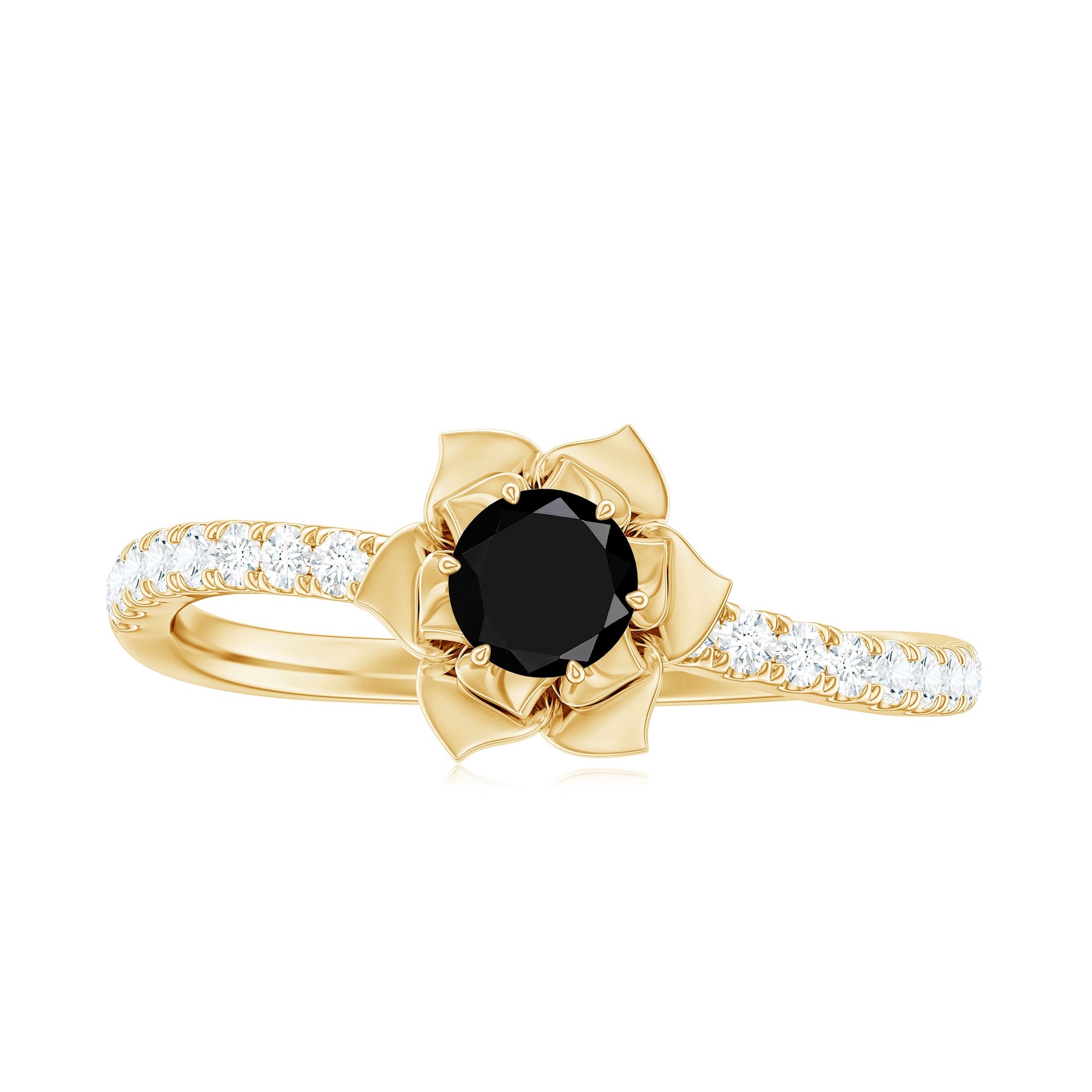 1/2 CT Black Spinel and Diamond Flower Engagement Ring Black Spinel - ( AAA ) - Quality - Rosec Jewels