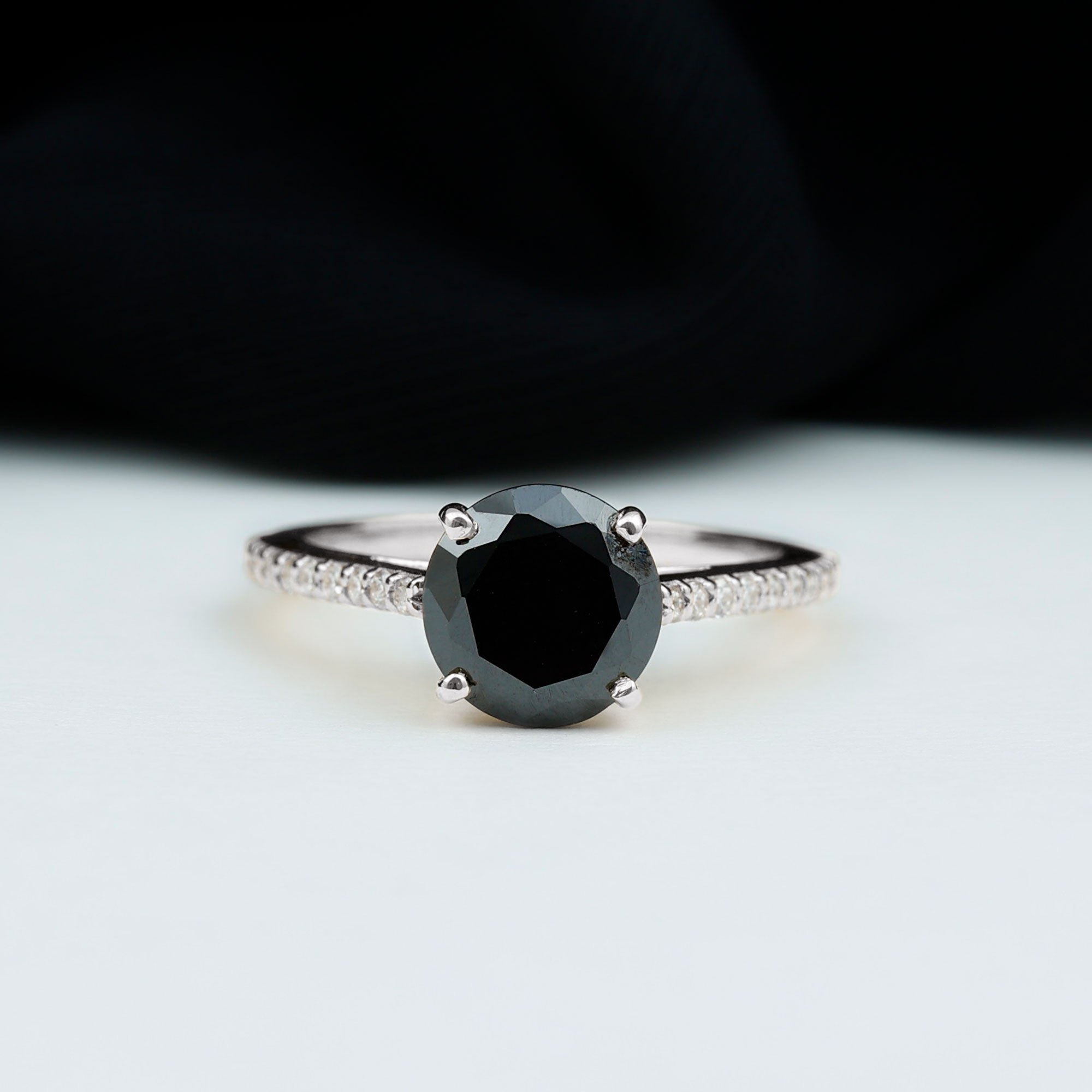 Real Black Onyx Solitaire Engagement Ring with Diamond Black Onyx - ( AAA ) - Quality - Rosec Jewels