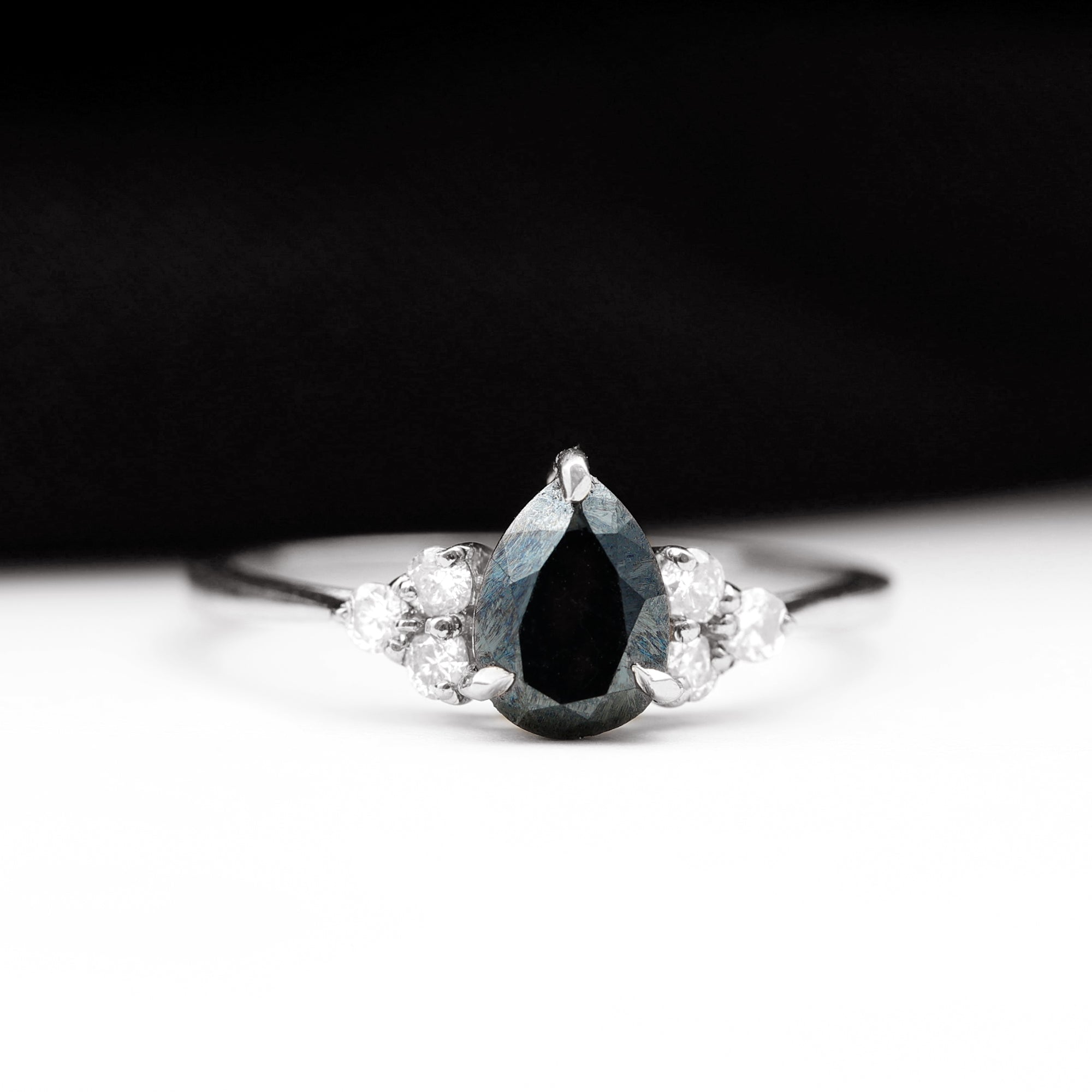 Pear Shaped Black Diamond and Diamond Solitaire Trio Ring Black Diamond - ( AAA ) - Quality - Rosec Jewels