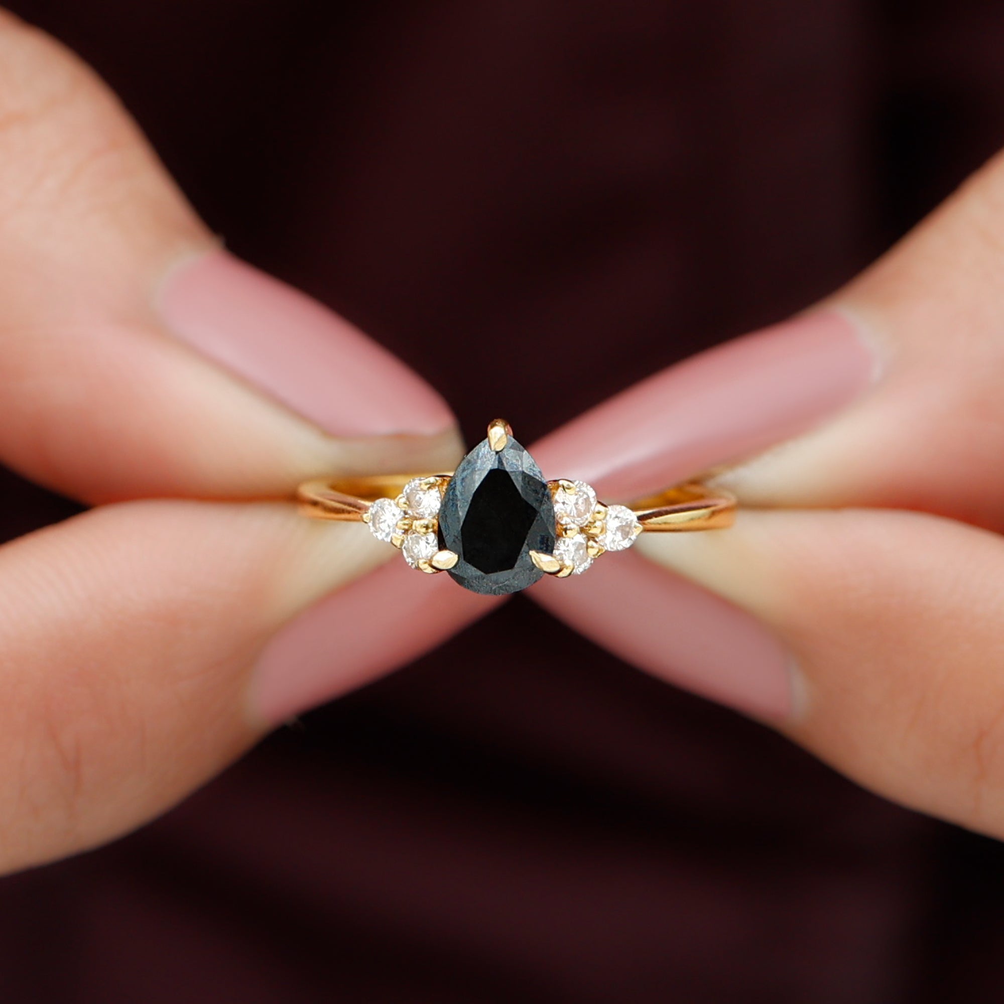 Pear Shaped Black Diamond and Diamond Solitaire Trio Ring Black Diamond - ( AAA ) - Quality - Rosec Jewels