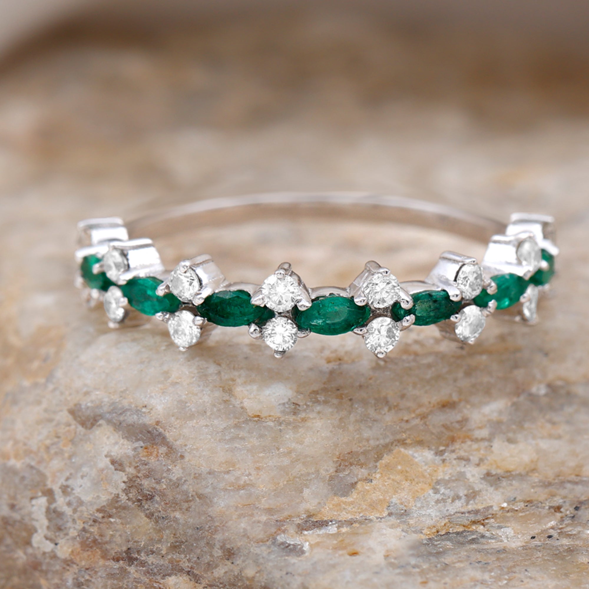 Green Emerald and Diamond Half Eternity Ring Emerald - ( AAA ) - Quality - Rosec Jewels