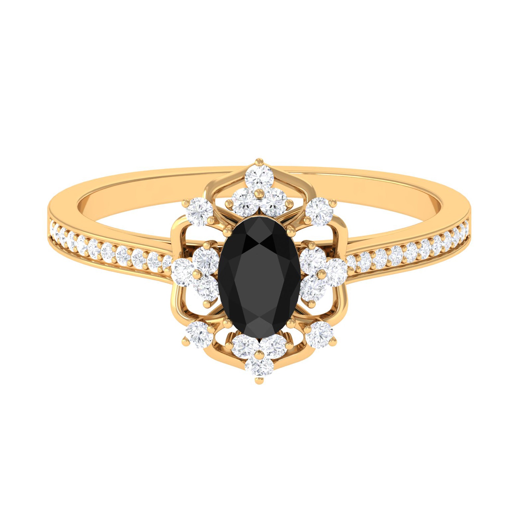 Vintage Inspired Black Spinel Floral Engagement Ring with Diamond Black Spinel - ( AAA ) - Quality - Rosec Jewels