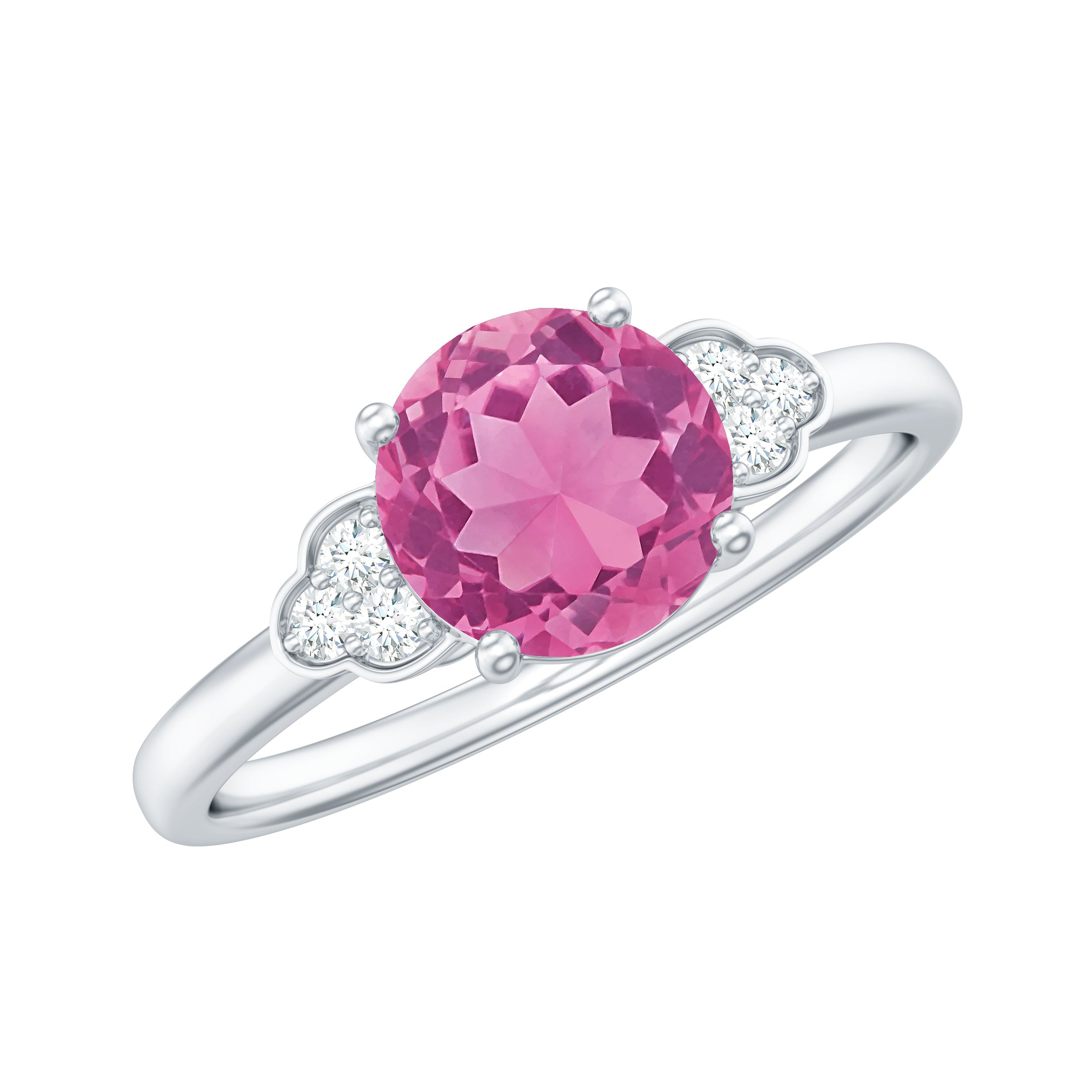 Round Pink Tourmaline Solitaire Engagement Ring with Diamond Pink Tourmaline - ( AAA ) - Quality - Rosec Jewels