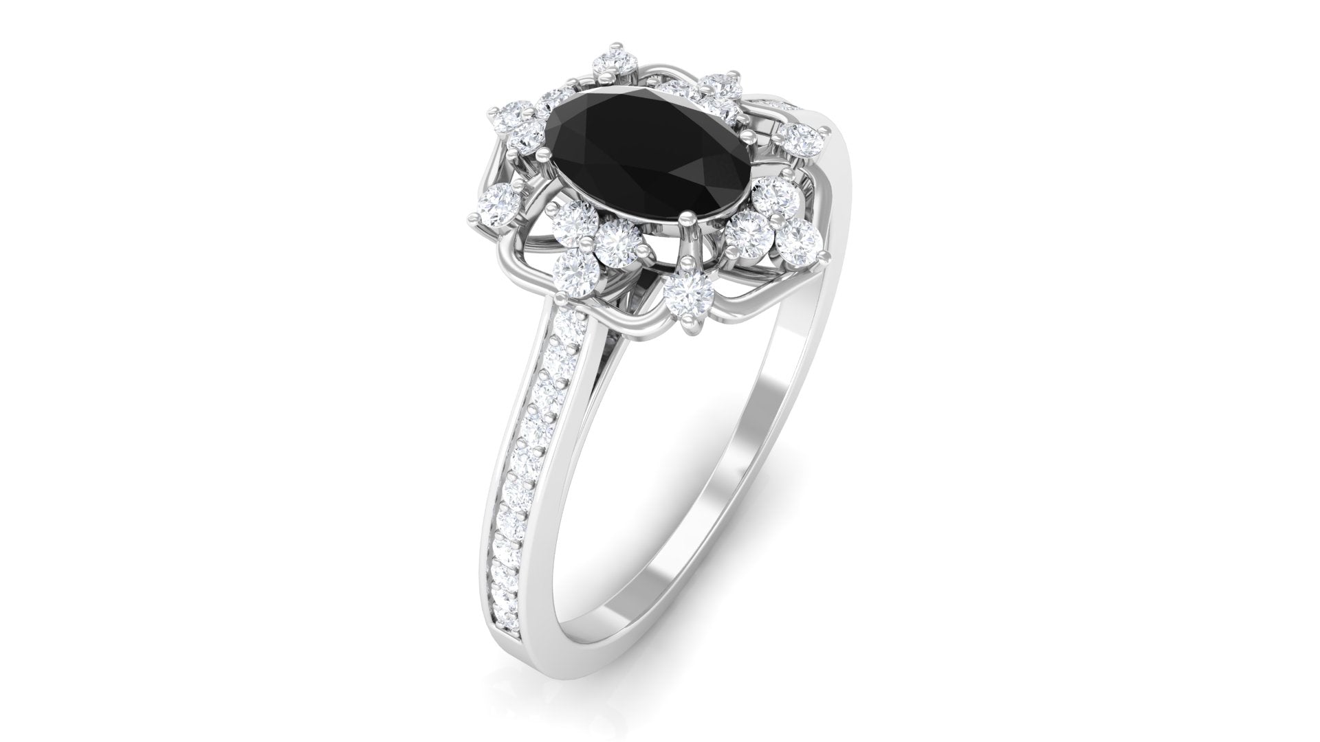 1 CT Vintage Style Created Black Diamond Flower Engagement Ring with Diamond Lab Created Black Diamond - ( AAAA ) - Quality - Rosec Jewels