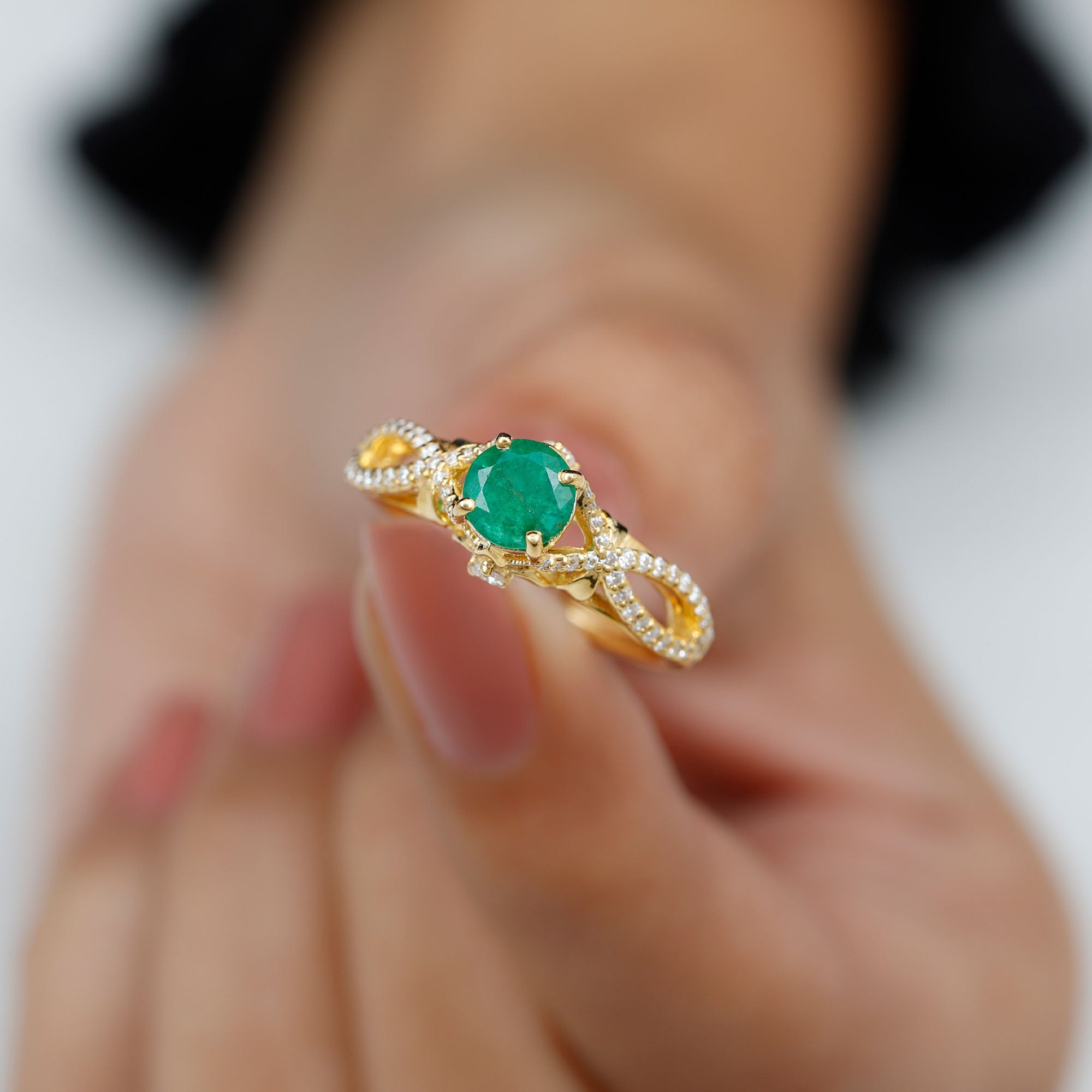 Emerald Crossover Engagement Ring with Diamond Emerald - ( AAA ) - Quality - Rosec Jewels