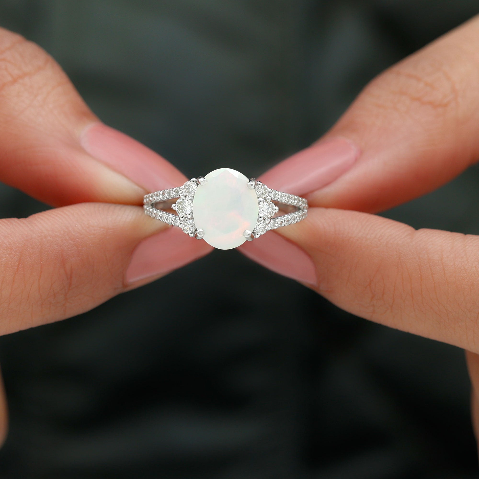 Oval Ethiopian Opal Engagement Ring with Diamond Split Shank Ethiopian Opal - ( AAA ) - Quality - Rosec Jewels