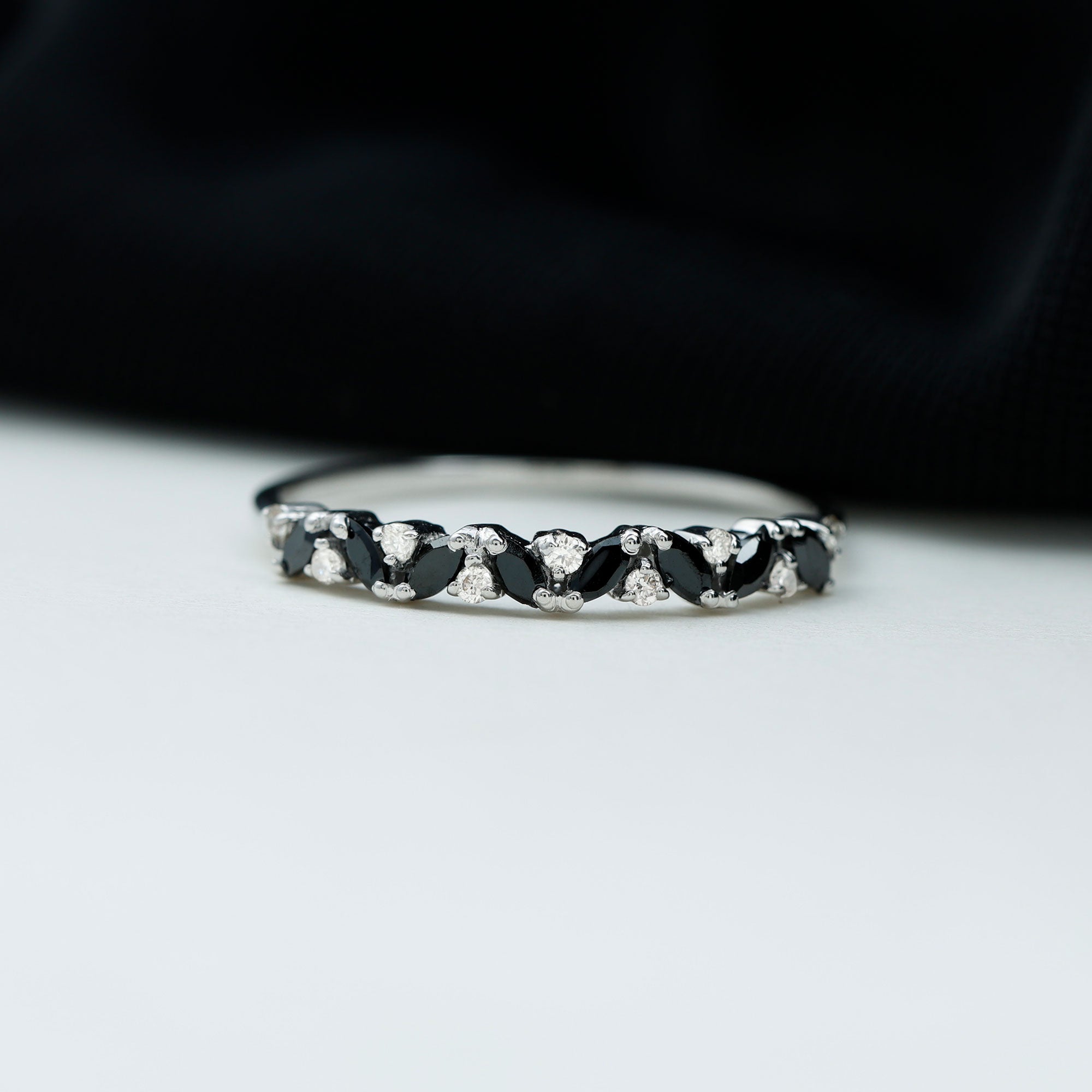 Marquise Created Black Diamond and Diamond Half Eternity Ring Lab Created Black Diamond - ( AAAA ) - Quality - Rosec Jewels