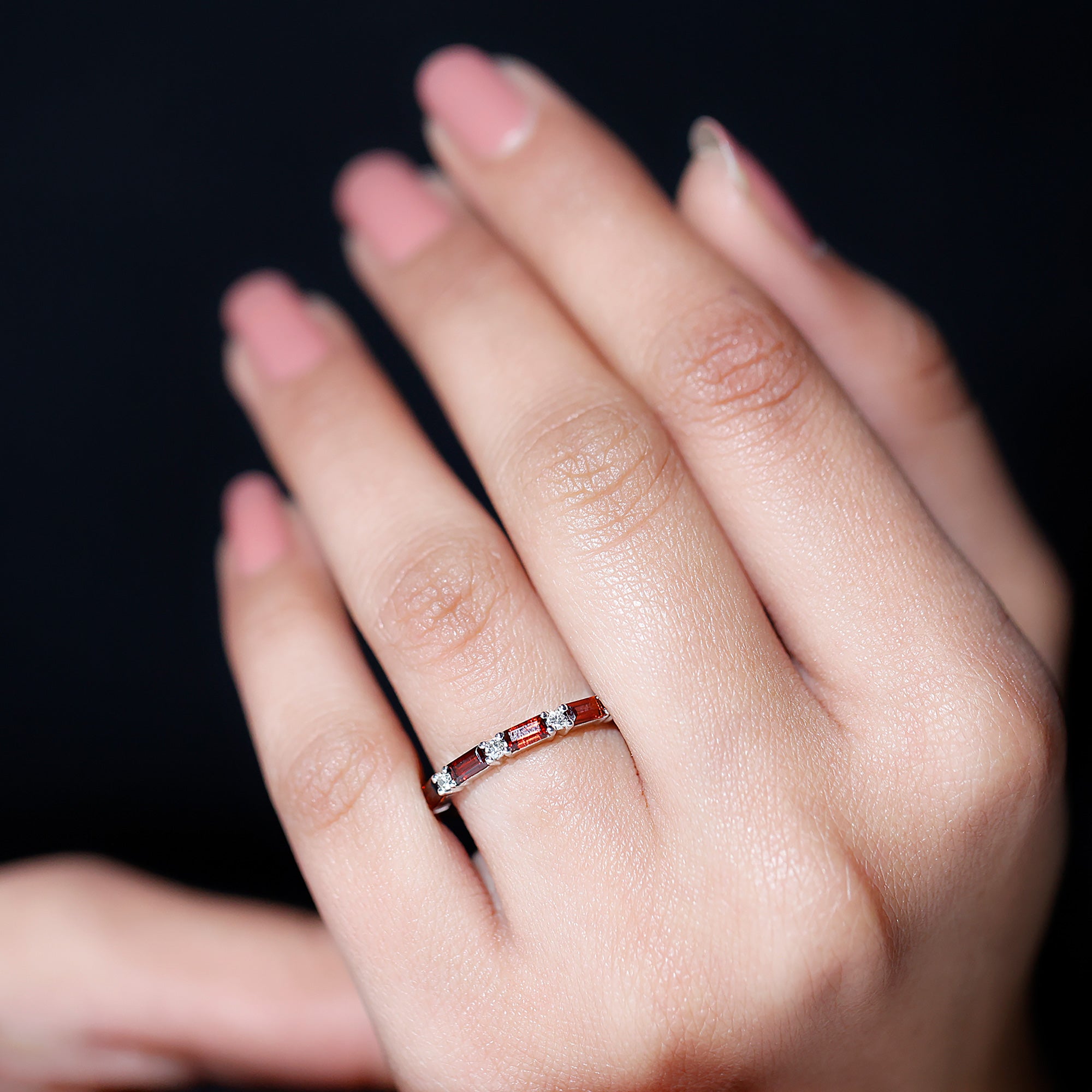 0.75 CT Baguette Garnet and Diamond Half Eternity Stackable Ring Garnet - ( AAA ) - Quality - Rosec Jewels