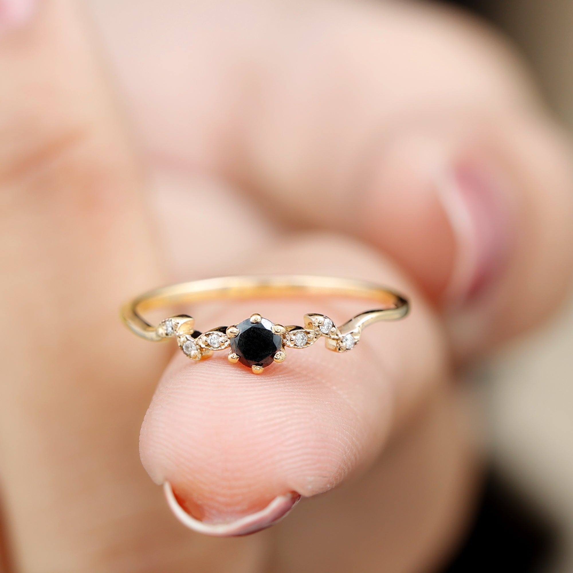 Round Black Onyx Minimal Leaf Promise Ring with Diamond in Gold Black Onyx - ( AAA ) - Quality - Rosec Jewels