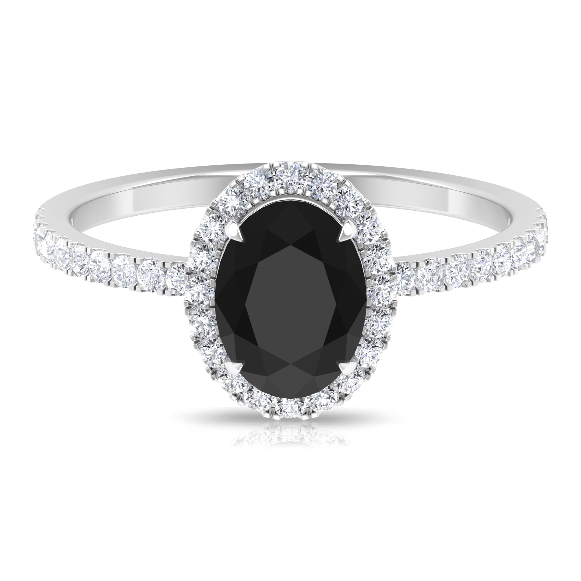 Oval Black Onyx Engagement Ring with Diamond Halo Black Onyx - ( AAA ) - Quality - Rosec Jewels