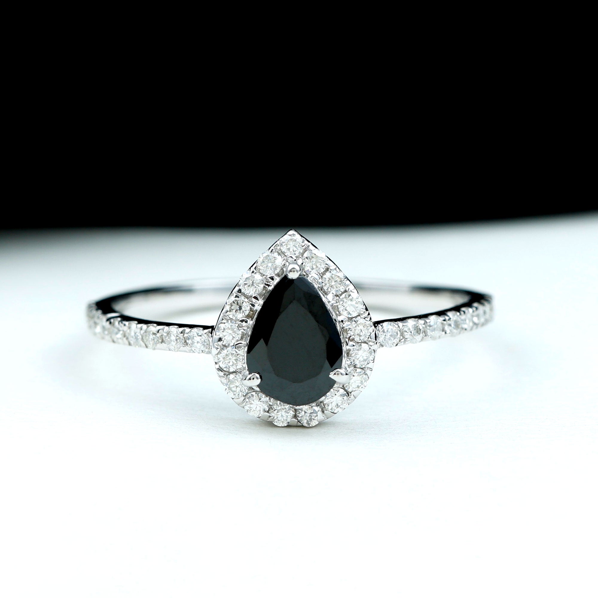 Genuine Black Onyx Teardrop Engagement Ring with Diamond Black Onyx - ( AAA ) - Quality - Rosec Jewels