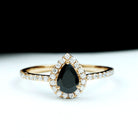 Genuine Black Onyx Teardrop Engagement Ring with Diamond Black Onyx - ( AAA ) - Quality - Rosec Jewels