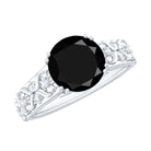 Round Black Onyx Floral Engagement Ring with Diamond Black Onyx - ( AAA ) - Quality - Rosec Jewels