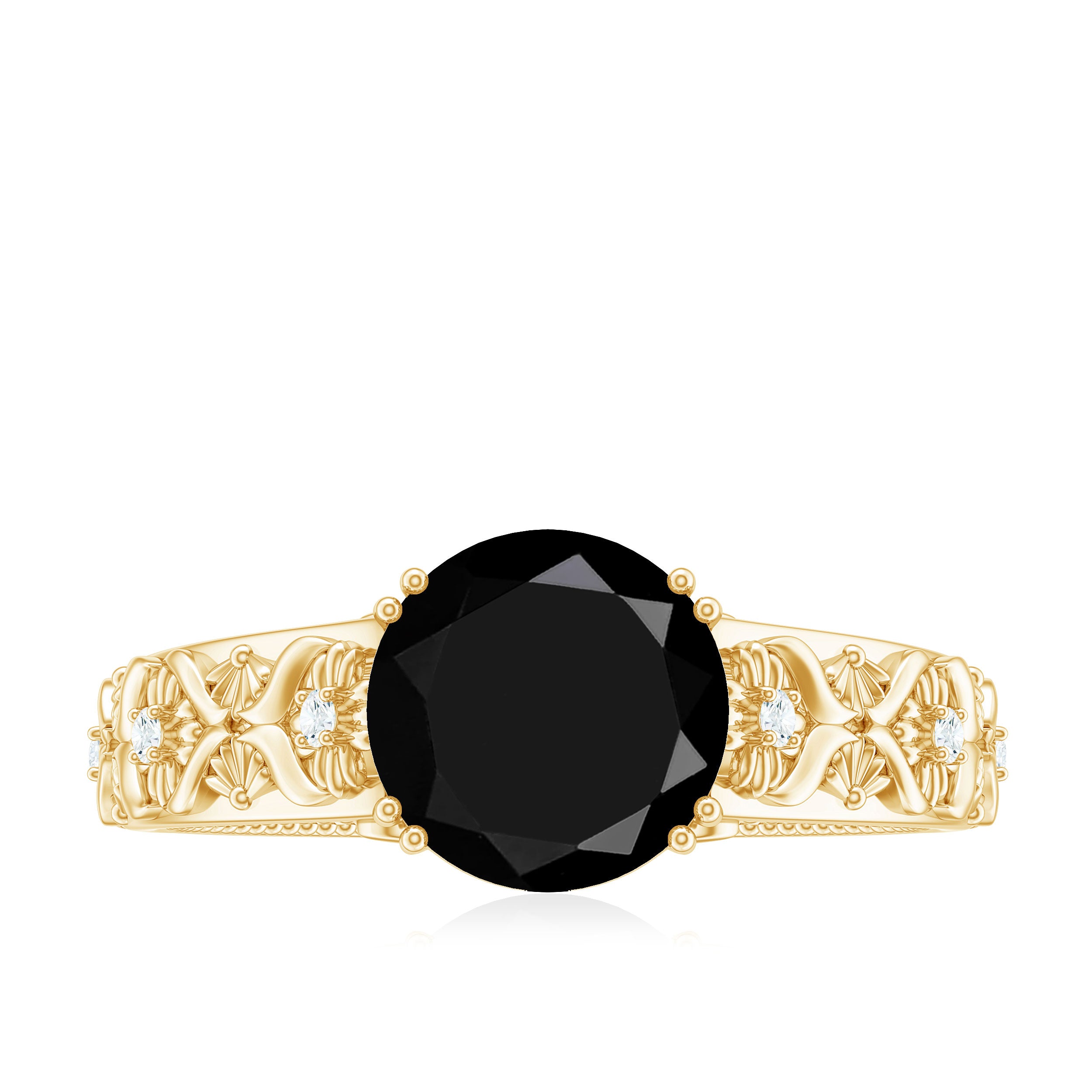 Round Black Onyx Floral Engagement Ring with Diamond Black Onyx - ( AAA ) - Quality - Rosec Jewels