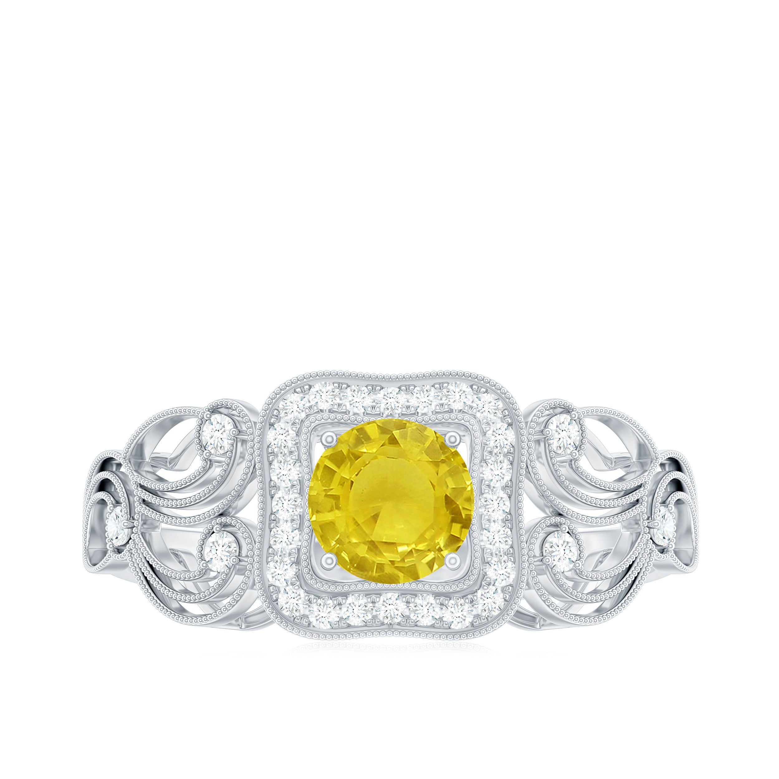 Yellow Sapphire Vintage Engagement Ring with Diamond Halo Yellow Sapphire - ( AAA ) - Quality - Rosec Jewels