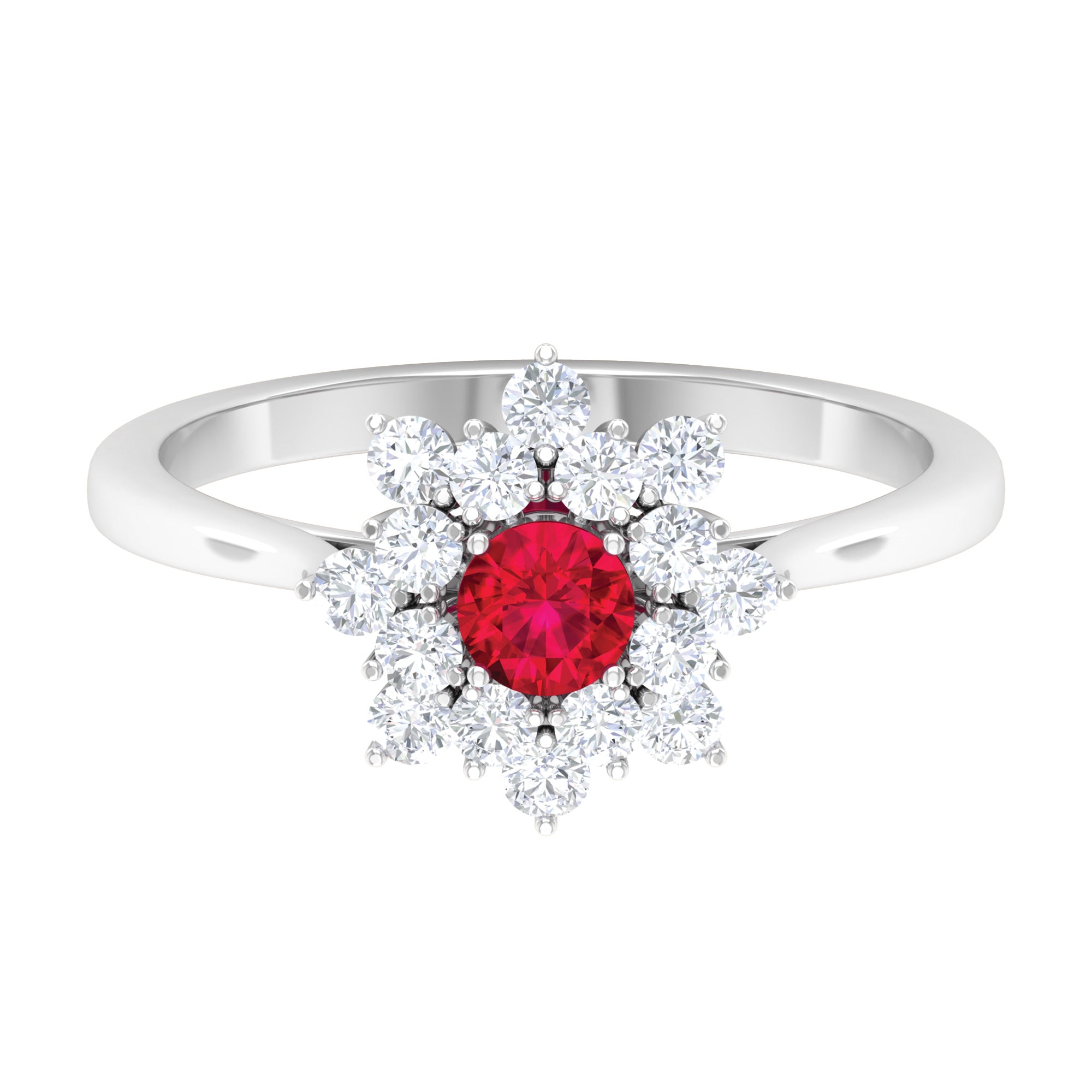 Lab Grown Ruby and Diamond Flower Cluster Engagement Ring Lab Created Ruby - ( AAAA ) - Quality - Rosec Jewels