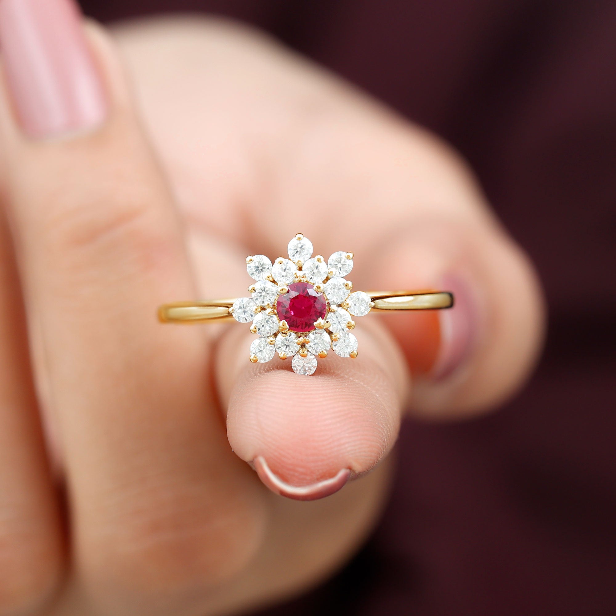 Lab Grown Ruby and Diamond Flower Cluster Engagement Ring Lab Created Ruby - ( AAAA ) - Quality - Rosec Jewels