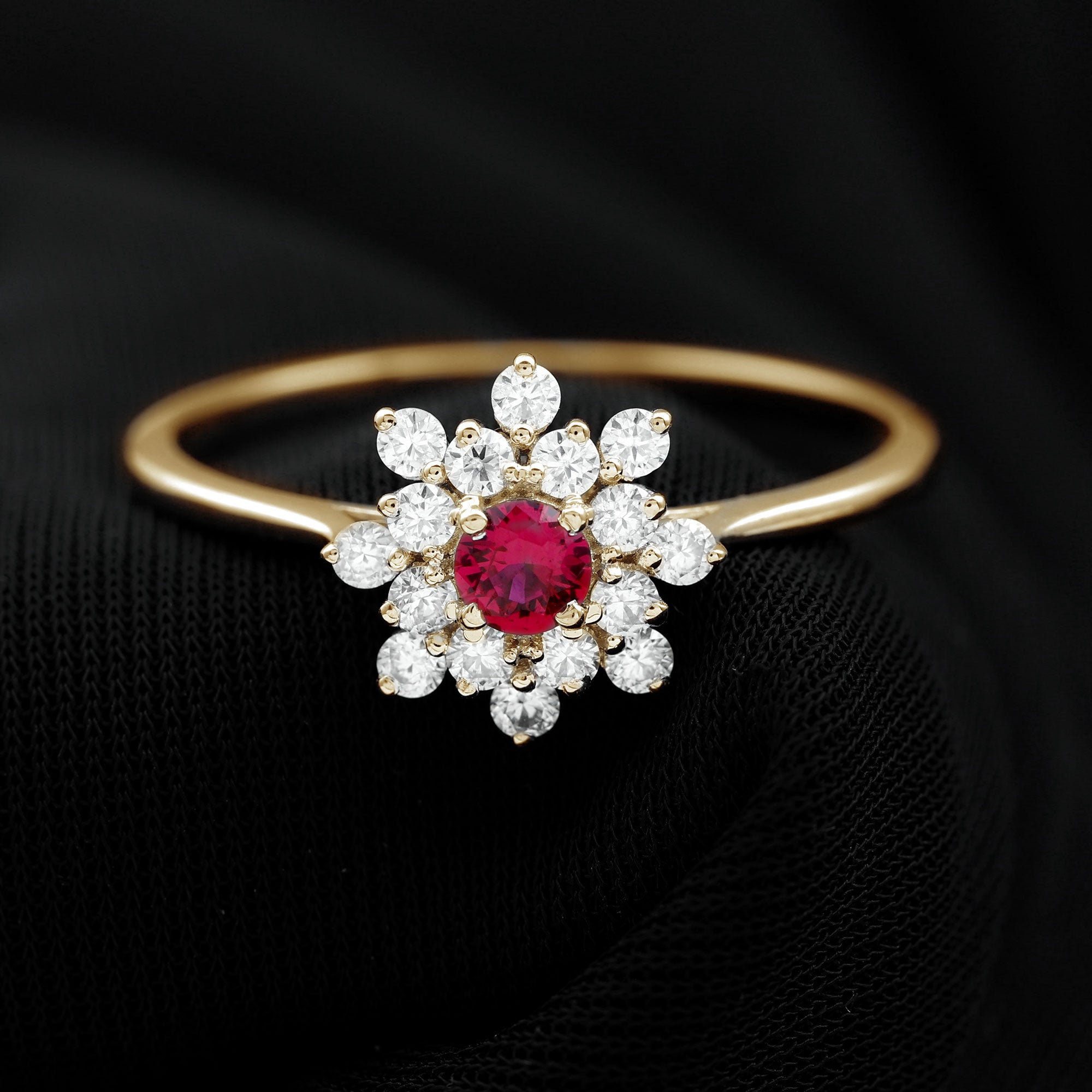 Lab Grown Ruby and Diamond Flower Cluster Engagement Ring Lab Created Ruby - ( AAAA ) - Quality - Rosec Jewels