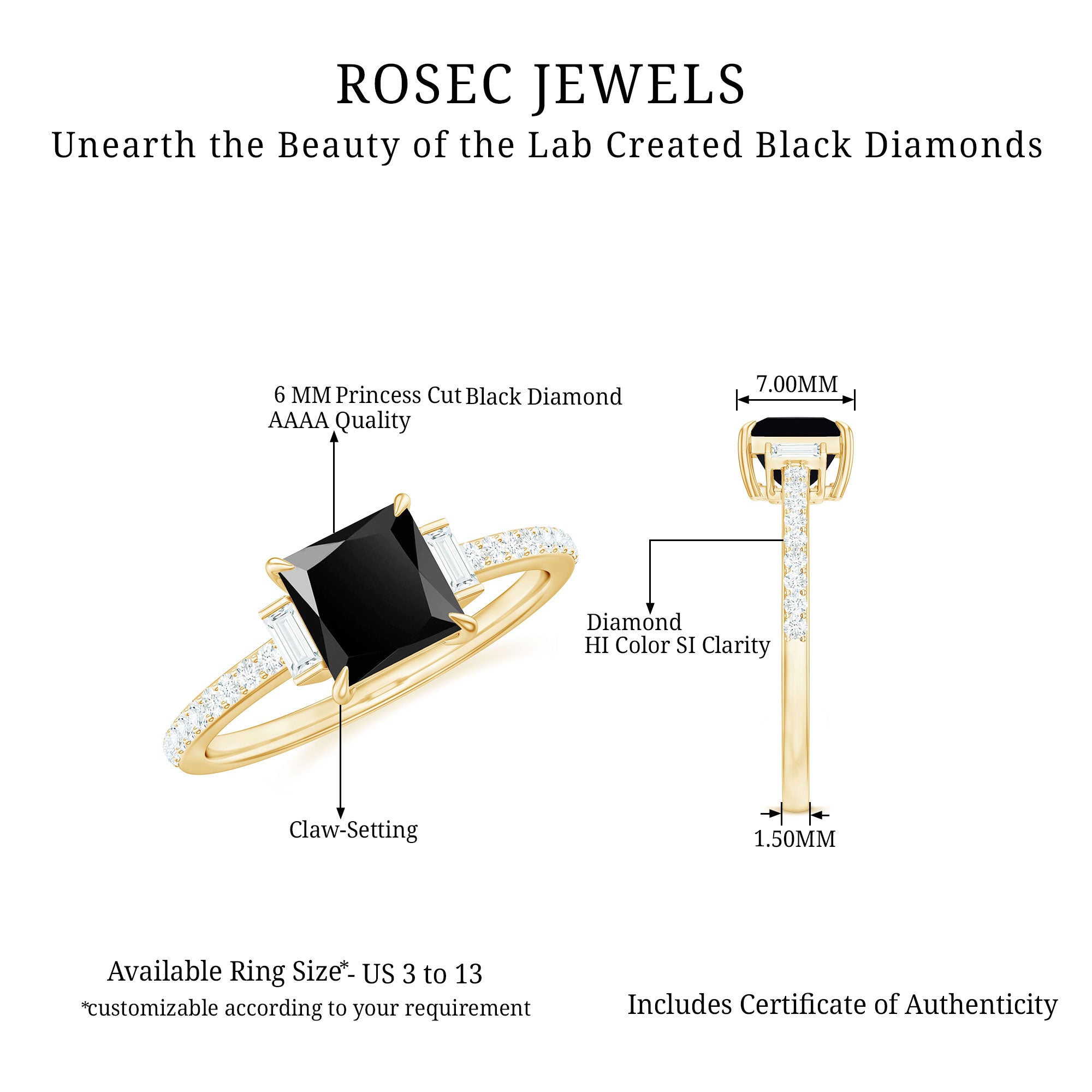 Princess Cut Created Black Diamond Solitaire Ring with Diamond Side Stones Lab Created Black Diamond - ( AAAA ) - Quality - Rosec Jewels