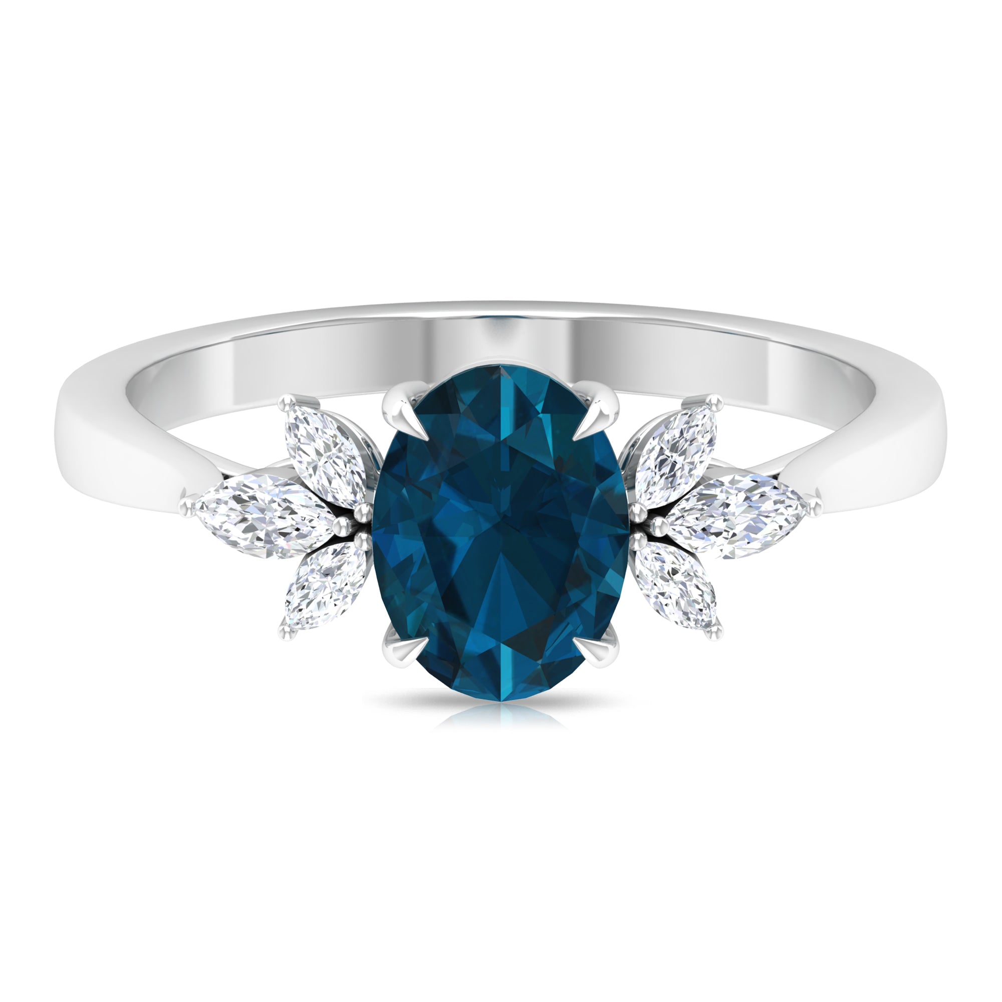 Claw Set London Blue Topaz Solitaire Ring with Marquise Diamond Trio London Blue Topaz - ( AAA ) - Quality - Rosec Jewels