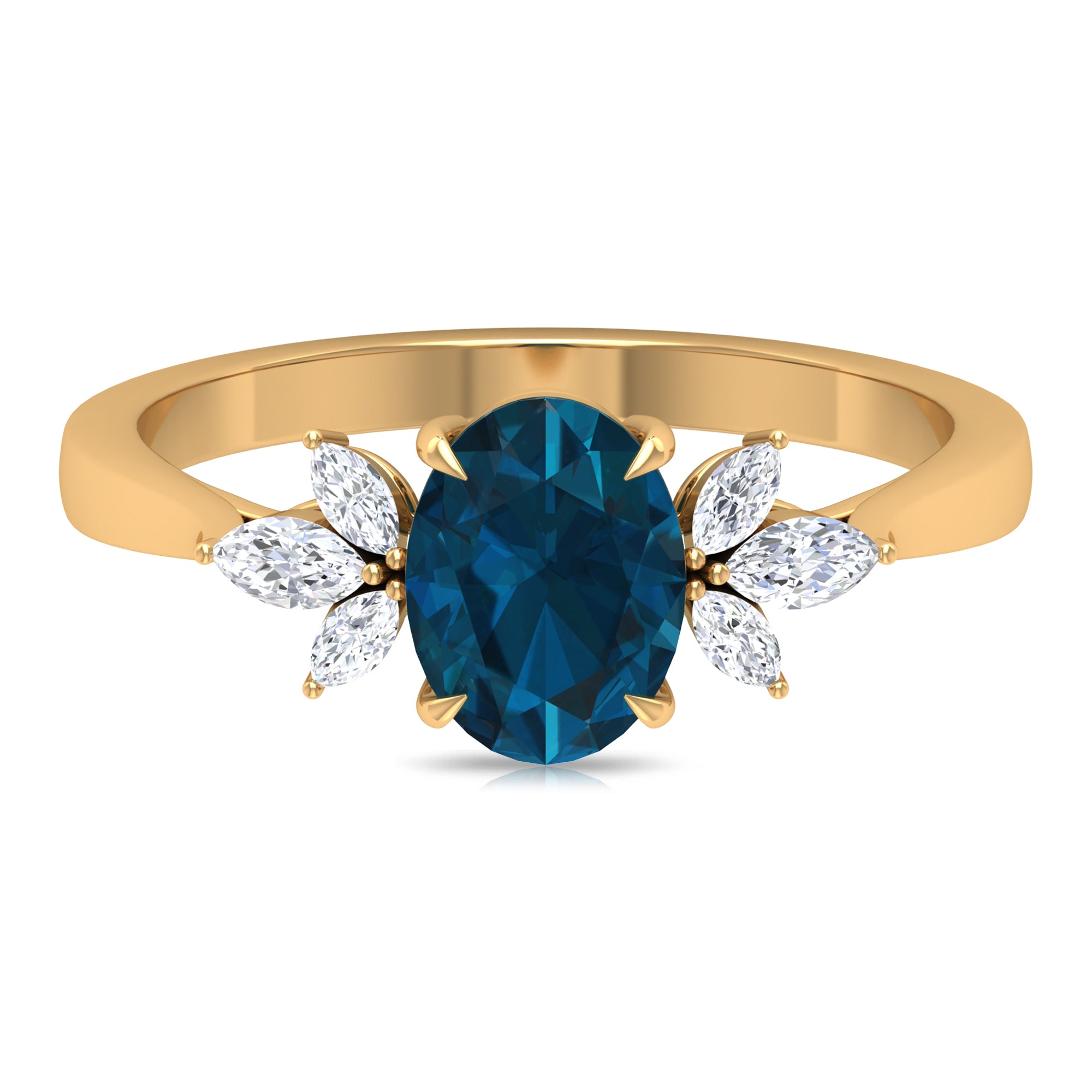 Claw Set London Blue Topaz Solitaire Ring with Marquise Diamond Trio London Blue Topaz - ( AAA ) - Quality - Rosec Jewels