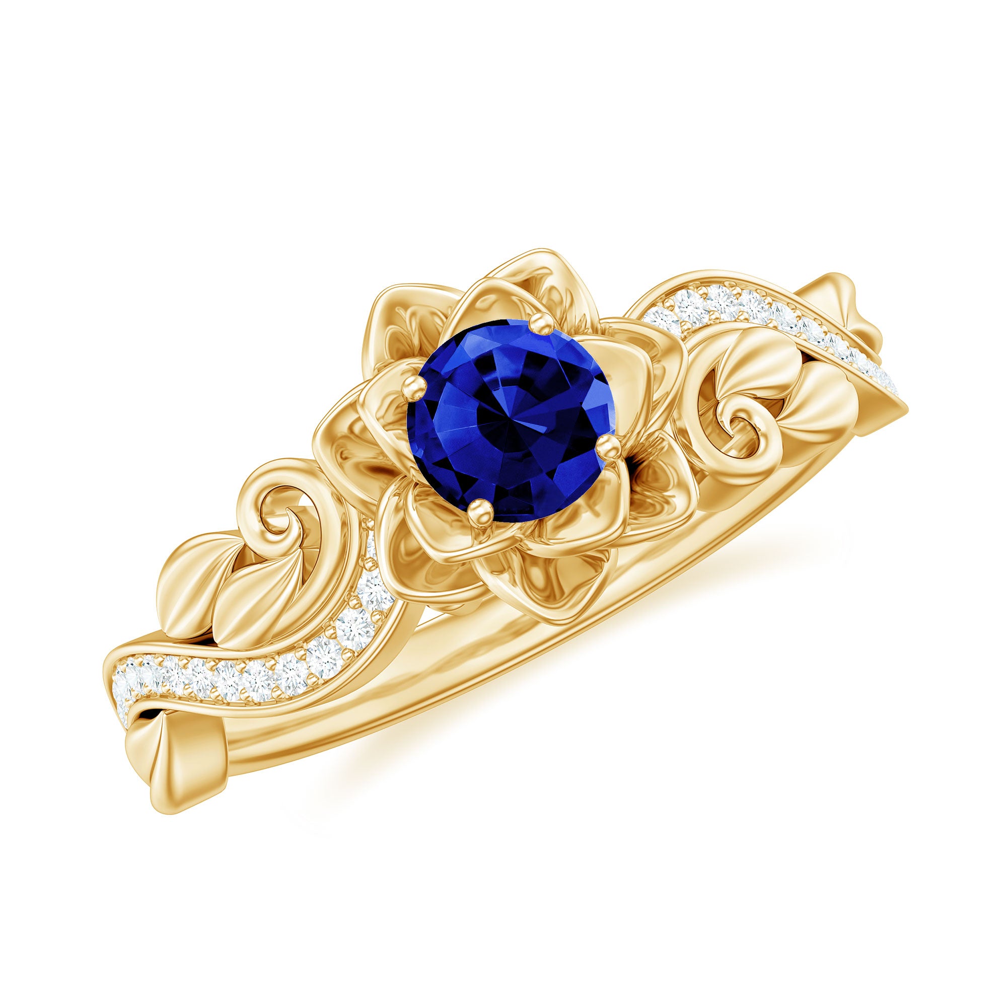 Flower Inspired Created Blue Sapphire and Diamond Engagement Ring Lab Created Blue Sapphire - ( AAAA ) - Quality - Rosec Jewels