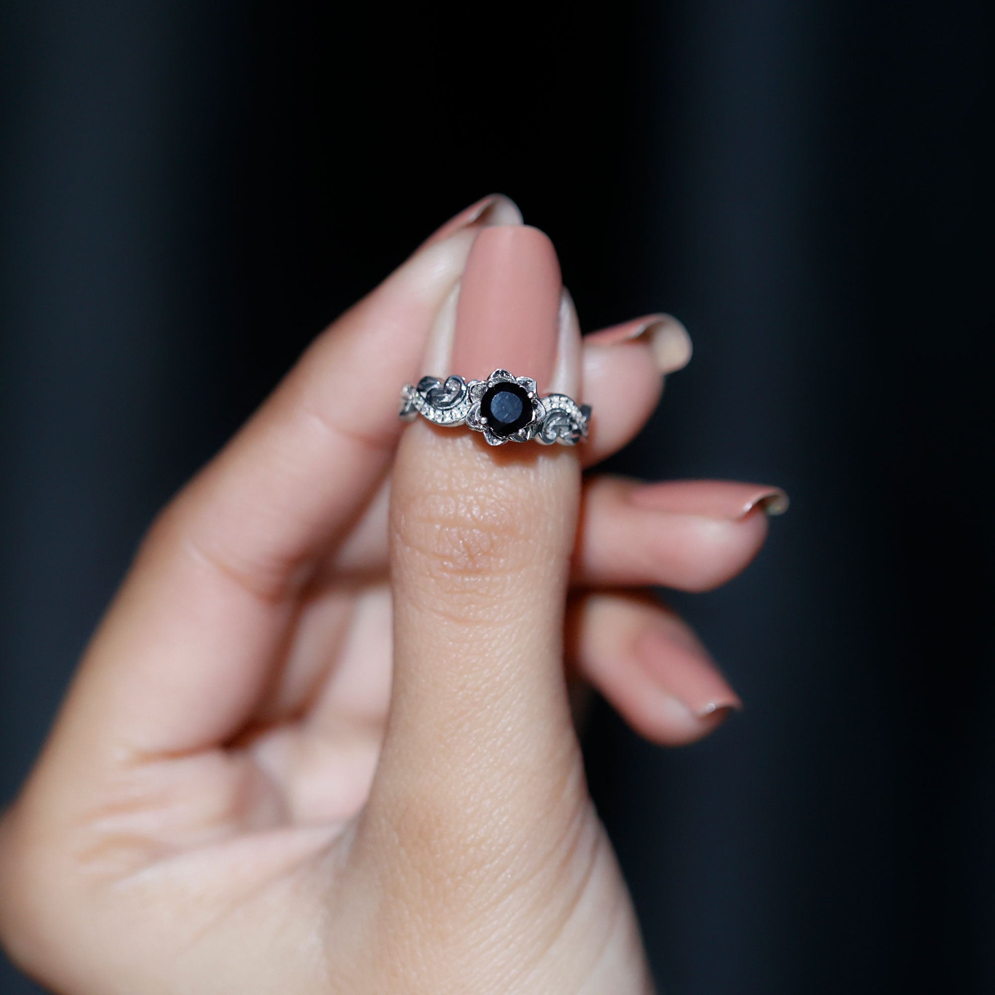 Rosec Jewels-Flower Inspired Black Onyx and Diamond Engagement Ring