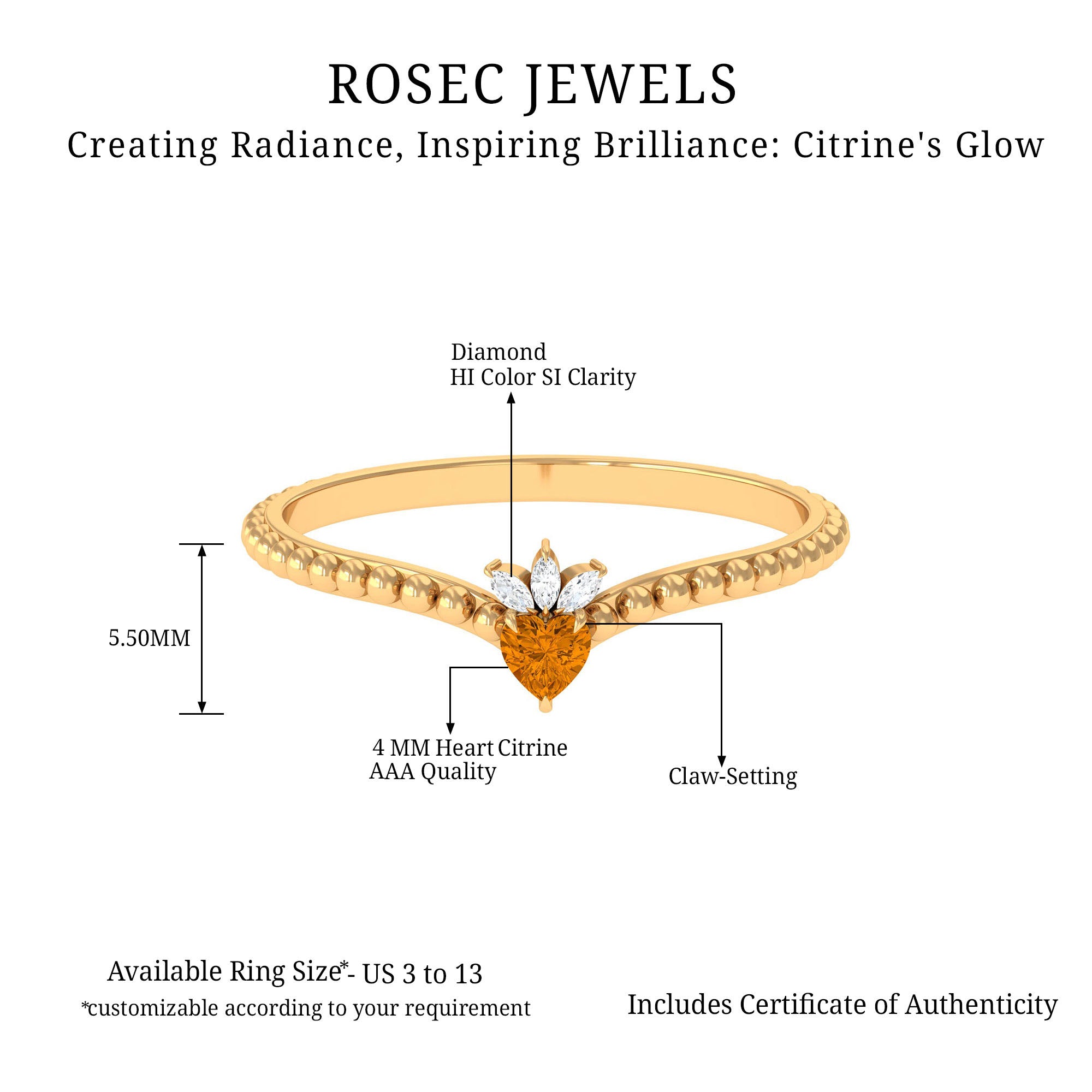 Heart Shape Citrine and Diamond Dainty Promise Ring with Beaded Detailing Citrine - ( AAA ) - Quality - Rosec Jewels