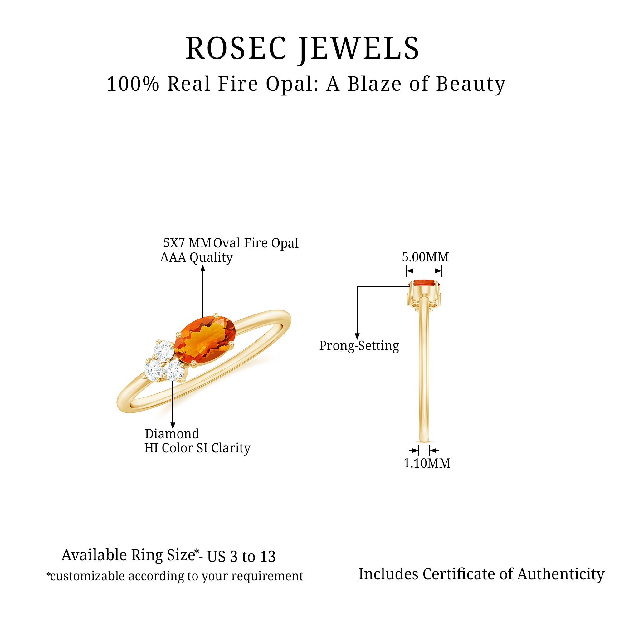 Oval Cut Fire Opal Minimal Ring with Diamond Trio Fire Opal - ( AAA ) - Quality - Rosec Jewels