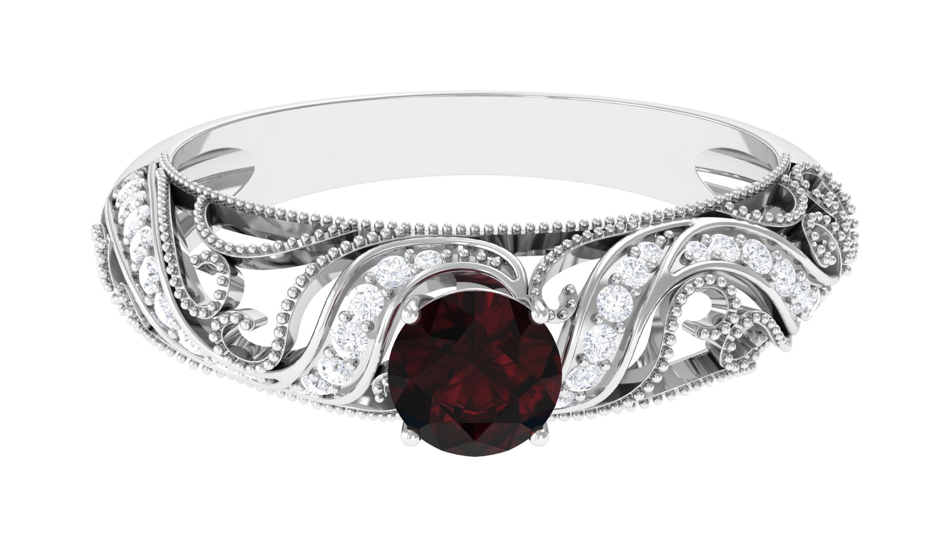 Round Garnet Vintage Inspired Engagement Ring with Diamond Garnet - ( AAA ) - Quality - Rosec Jewels