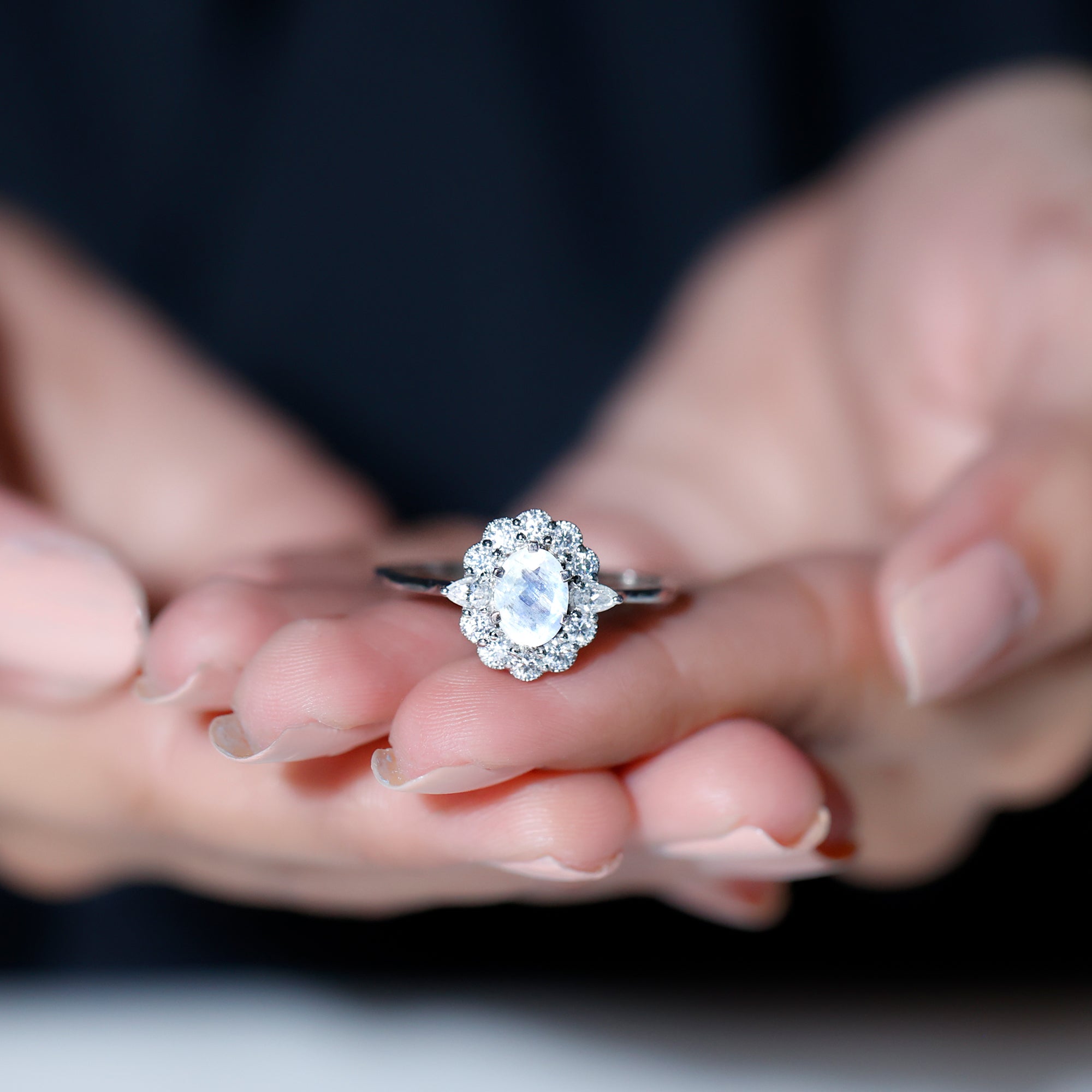 Natural Moonstone Statement Ring With Moissanite Halo Moonstone - ( AAA ) - Quality - Rosec Jewels