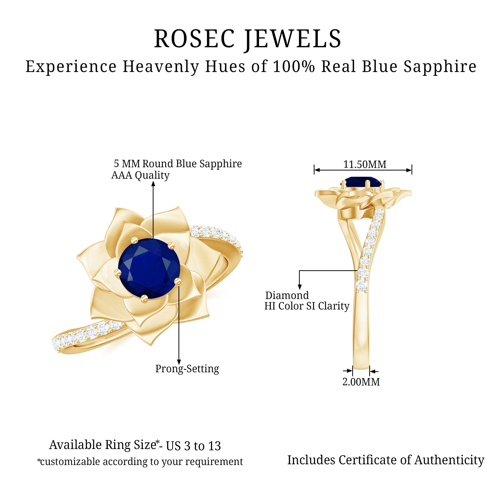 Real Blue Sapphire and Diamond Flower Ring with Bypass Shank Blue Sapphire - ( AAA ) - Quality - Rosec Jewels