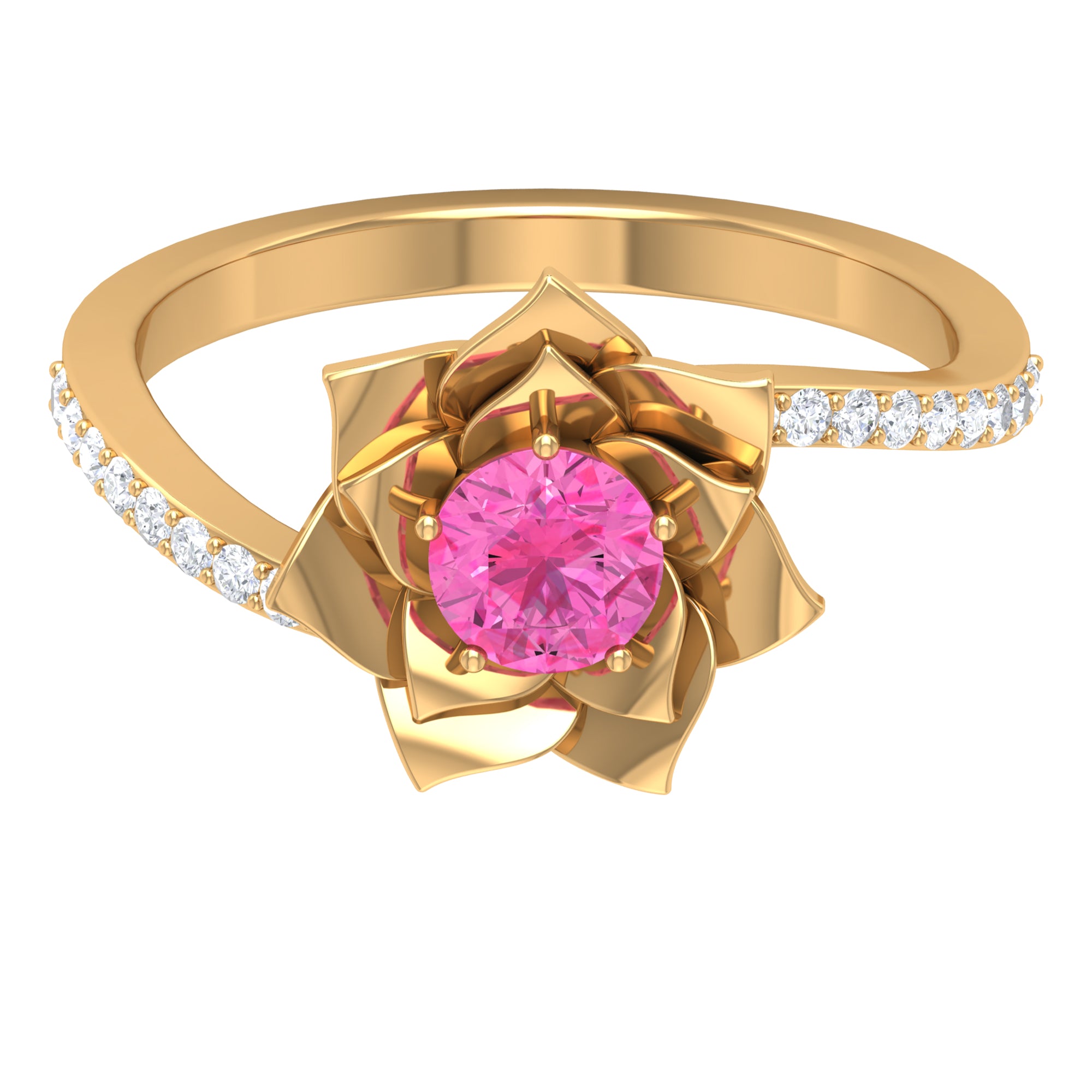 Pink Sapphire and Diamond Flower Engagement Ring with Bypass Shank Pink Sapphire - ( AAA ) - Quality - Rosec Jewels