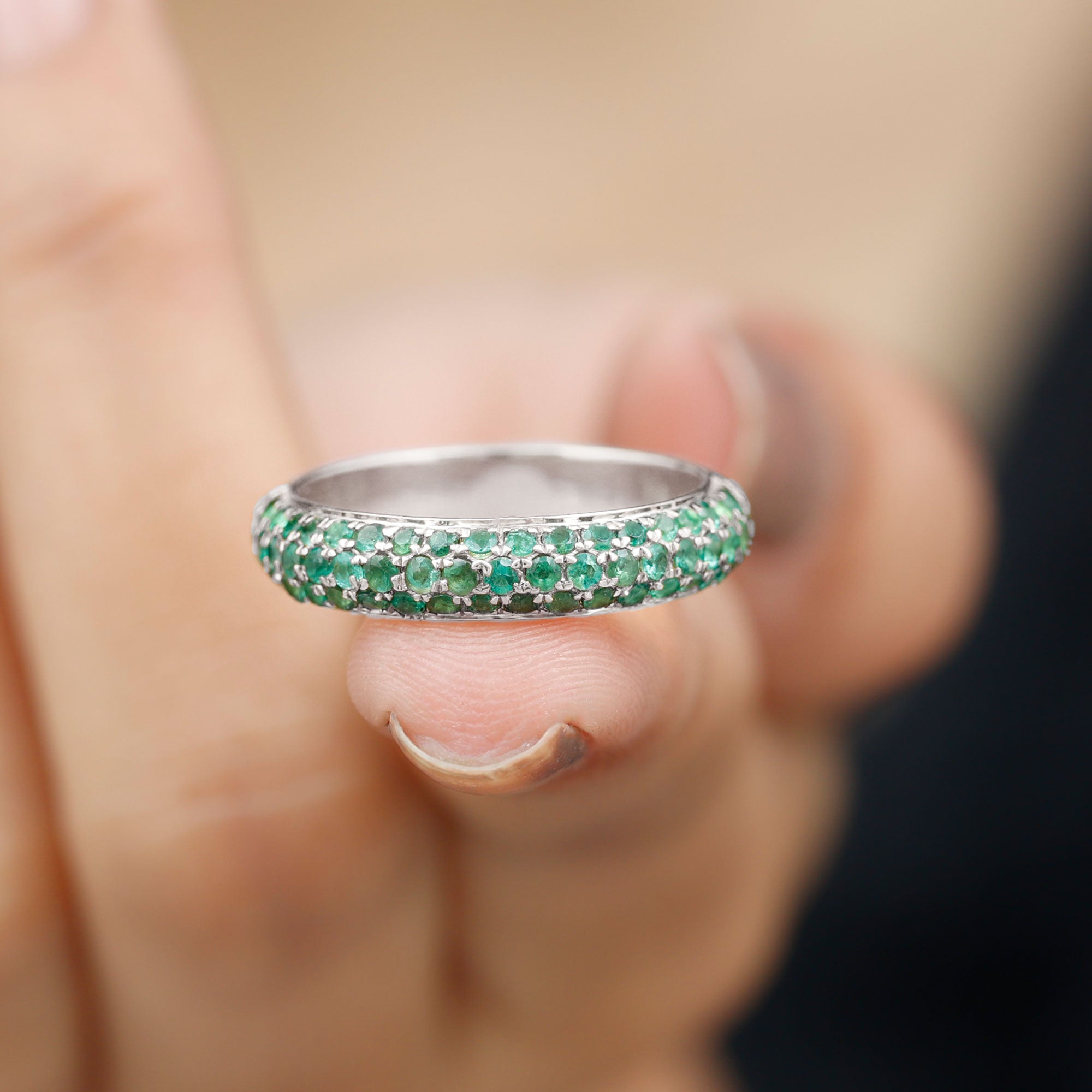 Pave Set Emerald Semi Eternity Band Ring Emerald - ( AAA ) - Quality - Rosec Jewels