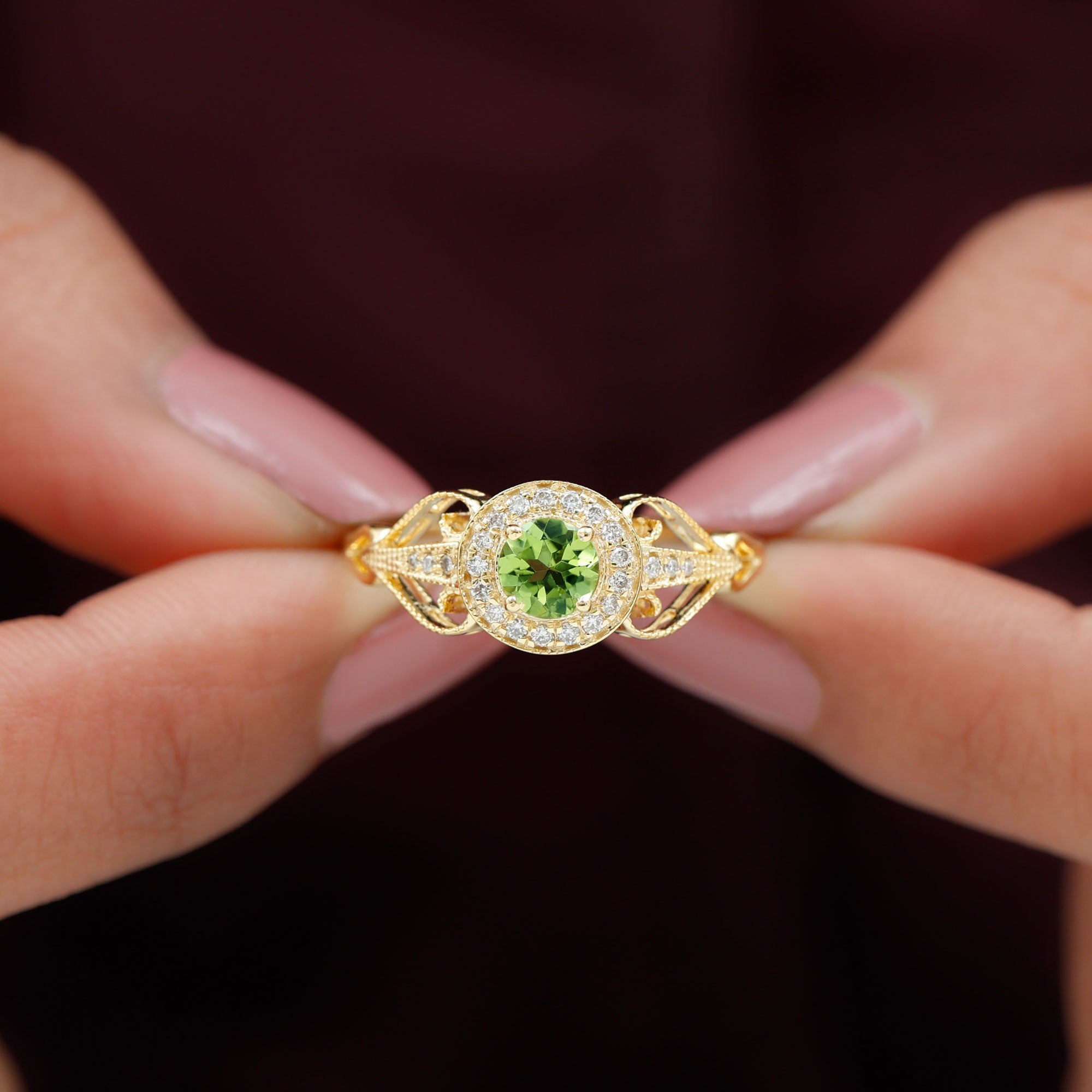 Vintage Inspired Peridot and Diamond Engagement Ring with Gold Beaded Peridot - ( AAA ) - Quality - Rosec Jewels