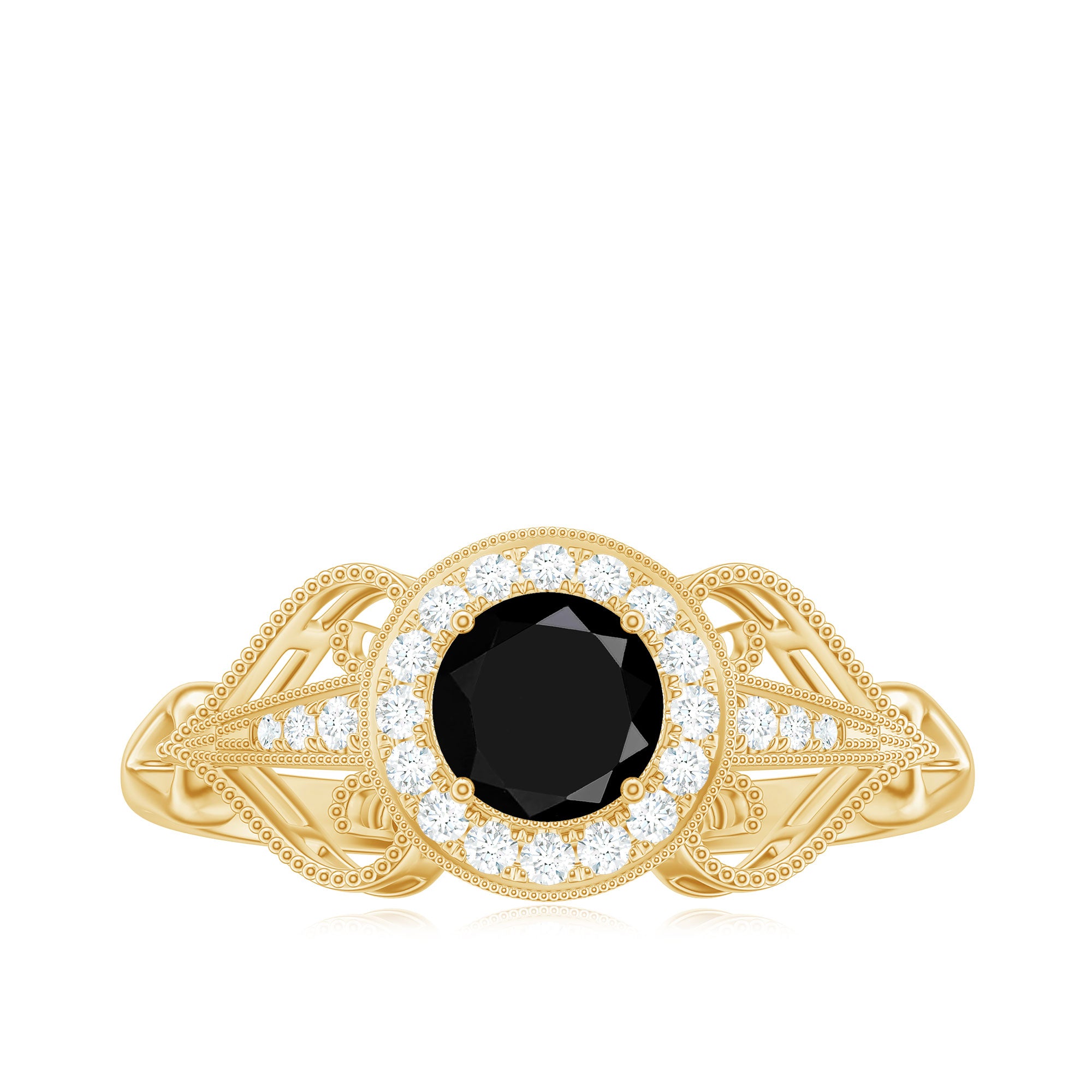 Black Onyx and Diamond Vintage Inspired Engagement Ring with Beaded Details Black Onyx - ( AAA ) - Quality - Rosec Jewels