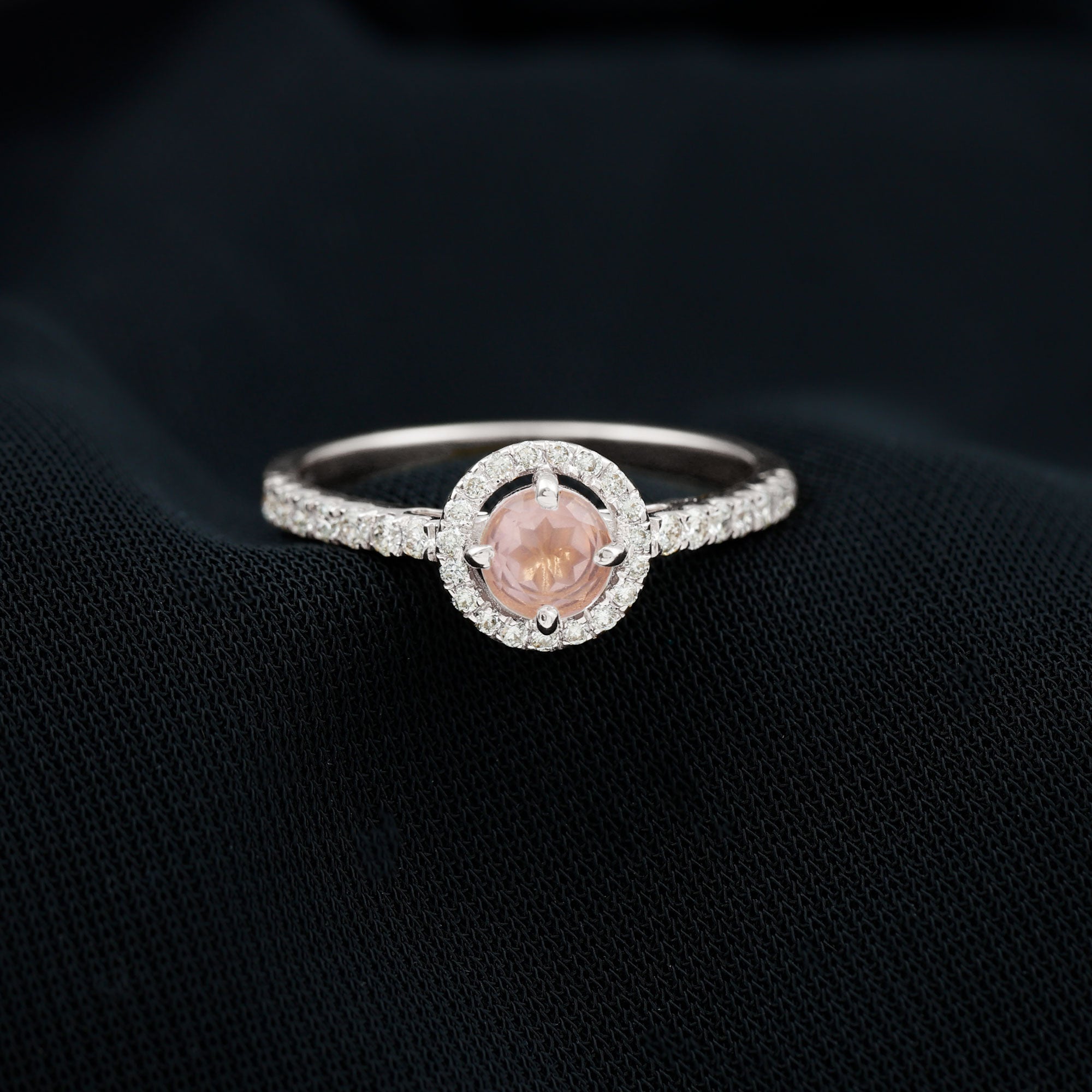 Minimal Rose Quartz Halo Engagement Ring with Diamond Rose Quartz - ( AAA ) - Quality - Rosec Jewels