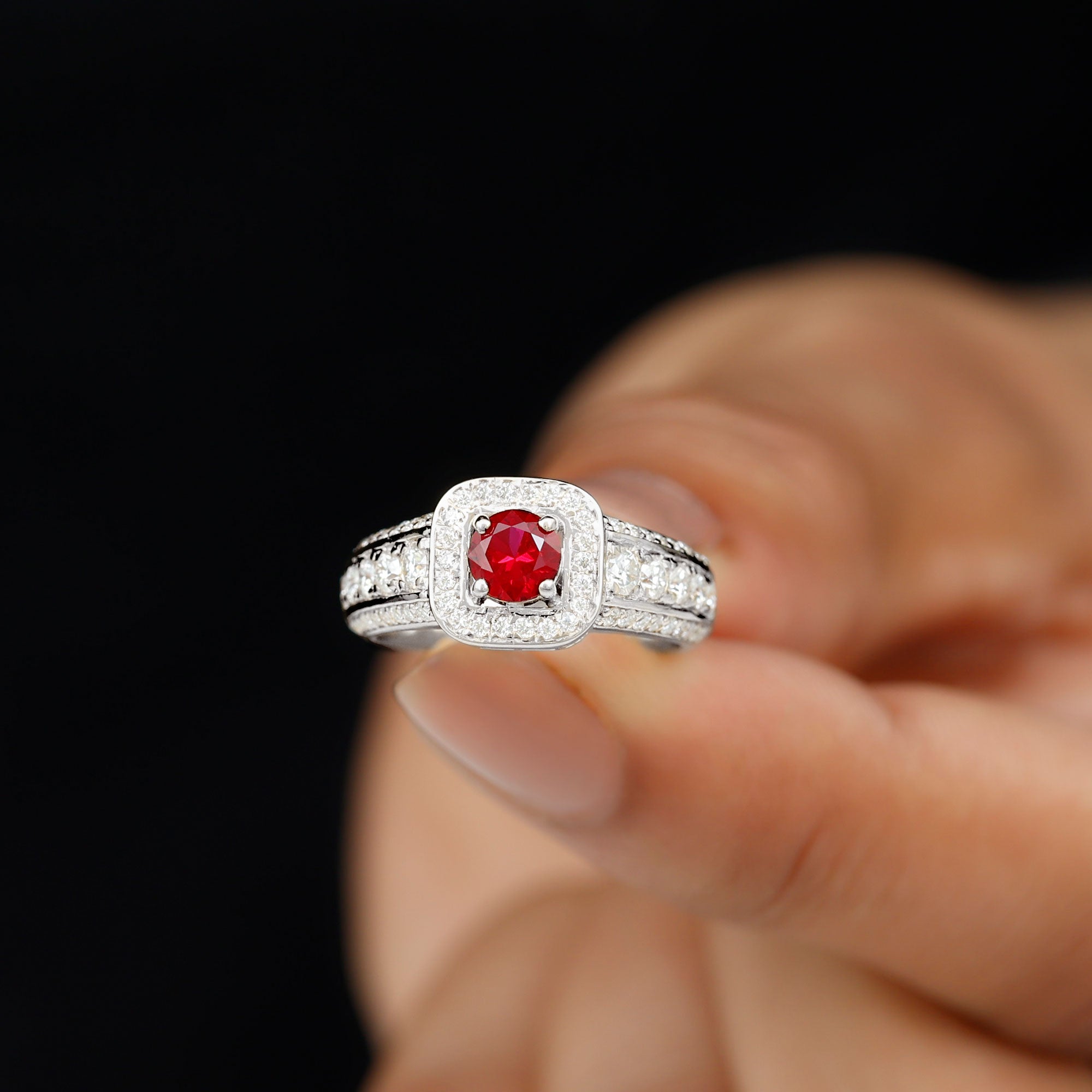 Lab Grown Ruby and Moissanite Halo Engagement Ring Lab Created Ruby - ( AAAA ) - Quality - Rosec Jewels