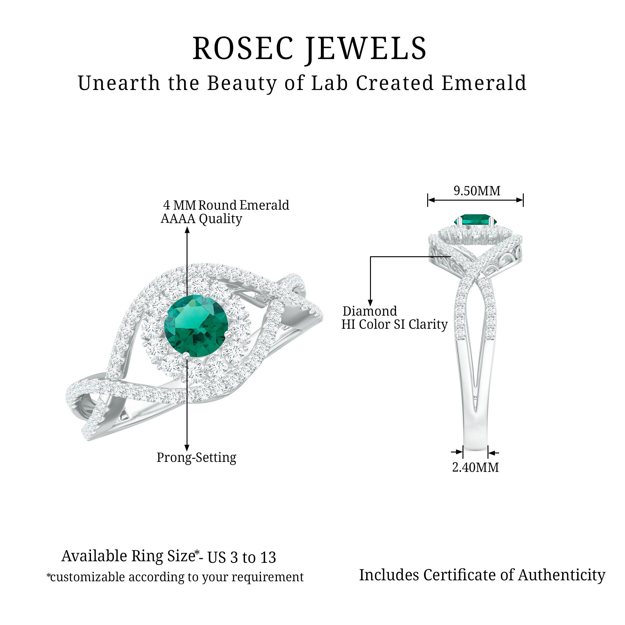 Lab Grown Emerald and Diamond Crossover Ring Lab Created Emerald - ( AAAA ) - Quality - Rosec Jewels