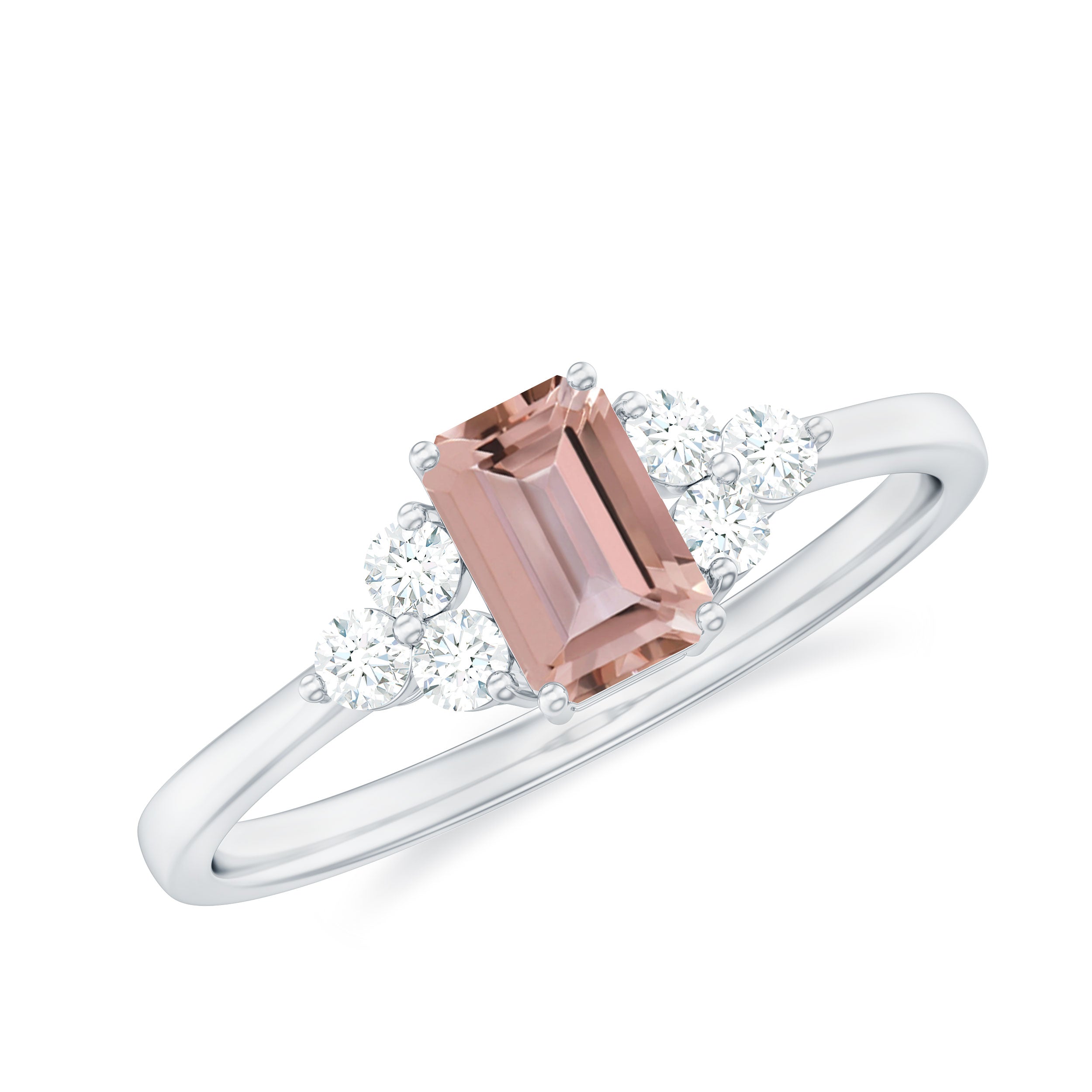 1 CT Emerald Cut Morganite Solitaire Ring with Diamond Trio Morganite - ( AAA ) - Quality - Rosec Jewels