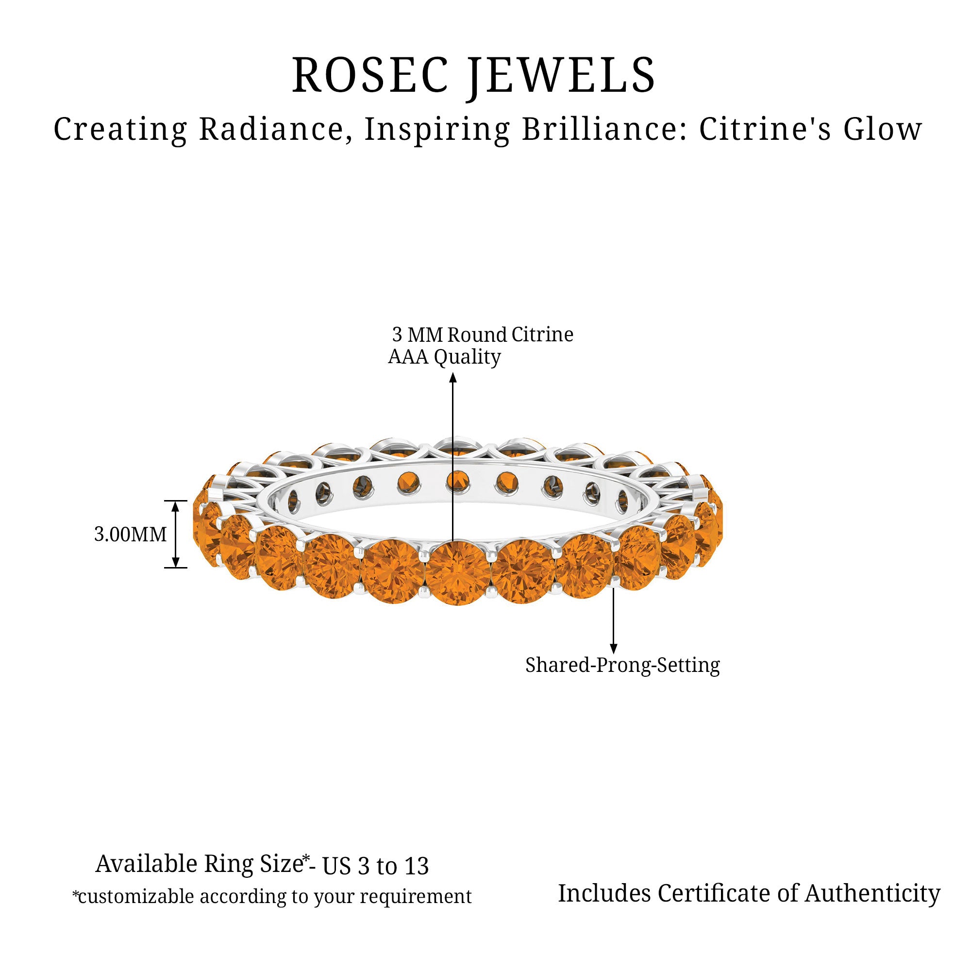 Round Citrine Simple Full Eternity Band Ring Citrine - ( AAA ) - Quality - Rosec Jewels