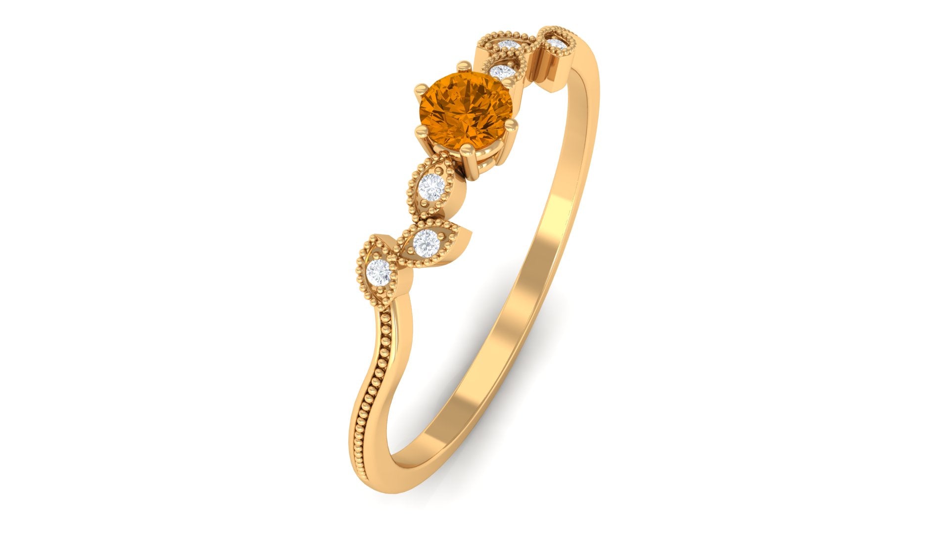 Round Citrine Minimal Leaf Promise Ring with Diamond Citrine - ( AAA ) - Quality - Rosec Jewels