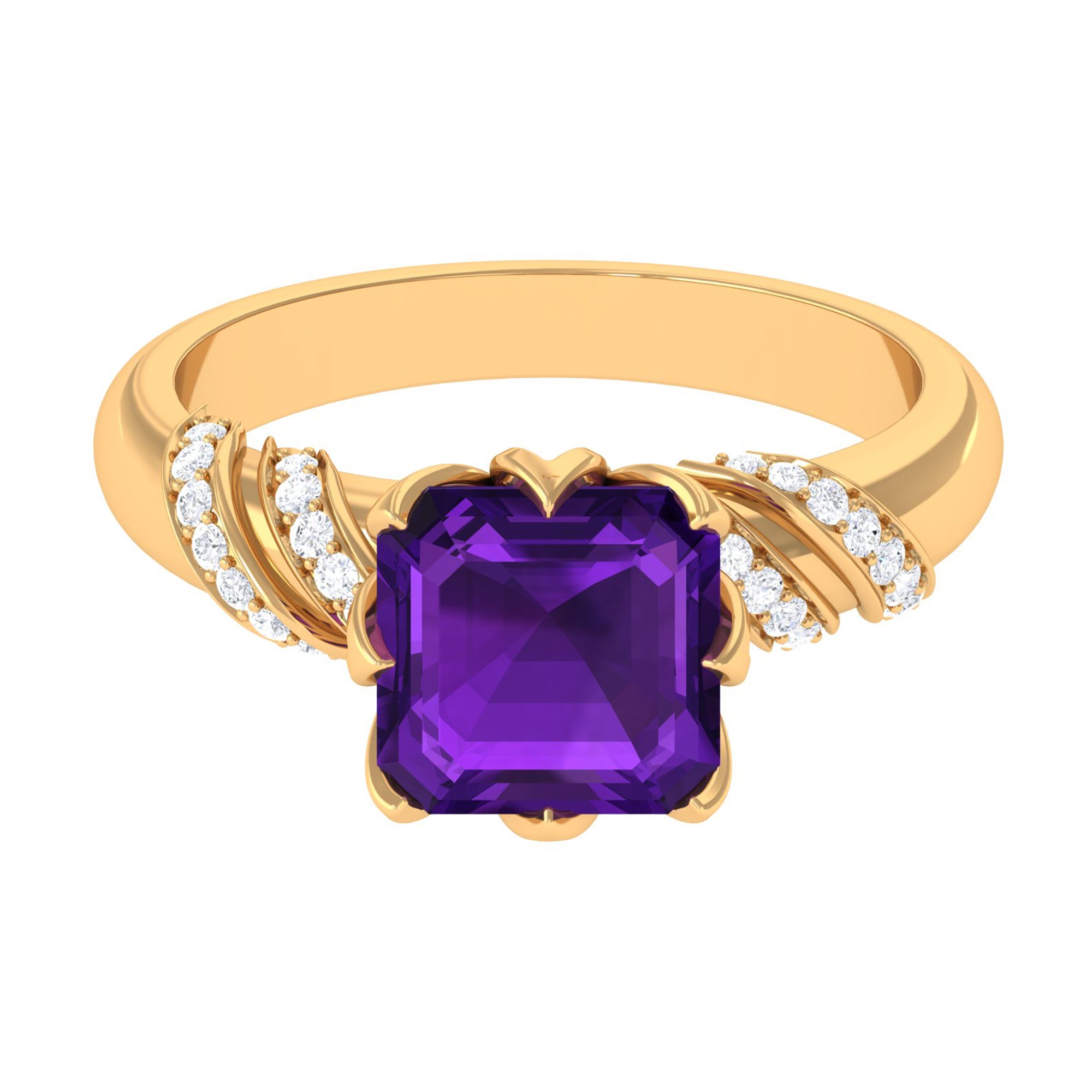 Asscher Cut Amethyst Designer Engagement Ring with Diamond Amethyst - ( AAA ) - Quality - Rosec Jewels