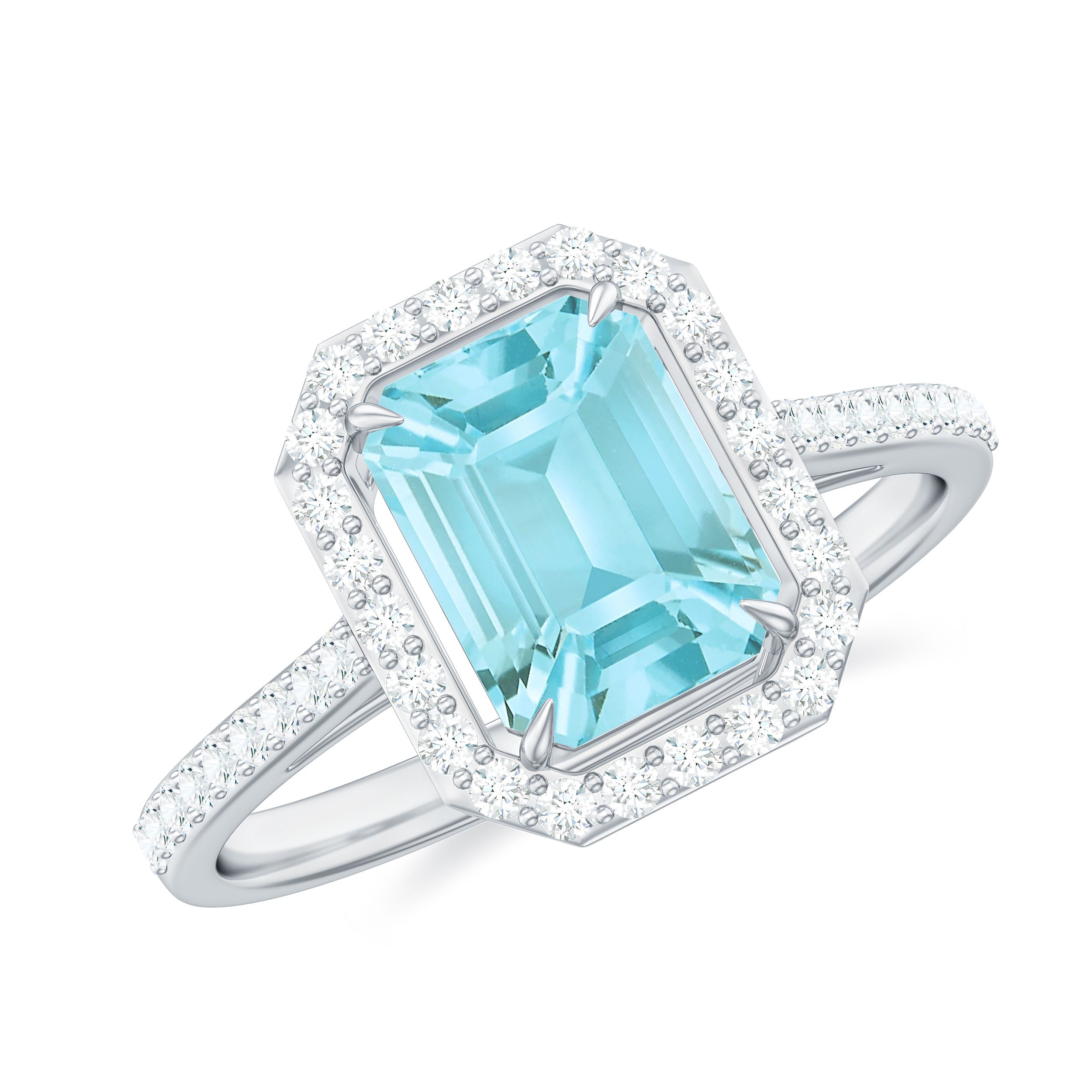 2.25 CT Emerald Cut Shape Sky Blue Topaz Classic Engagement Ring with Diamond Halo Sky Blue Topaz - ( AAA ) - Quality - Rosec Jewels