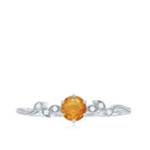 Round Orange Sapphire Minimal Leaf Promise Ring with Diamond Orange Sapphire - ( AAA ) - Quality - Rosec Jewels