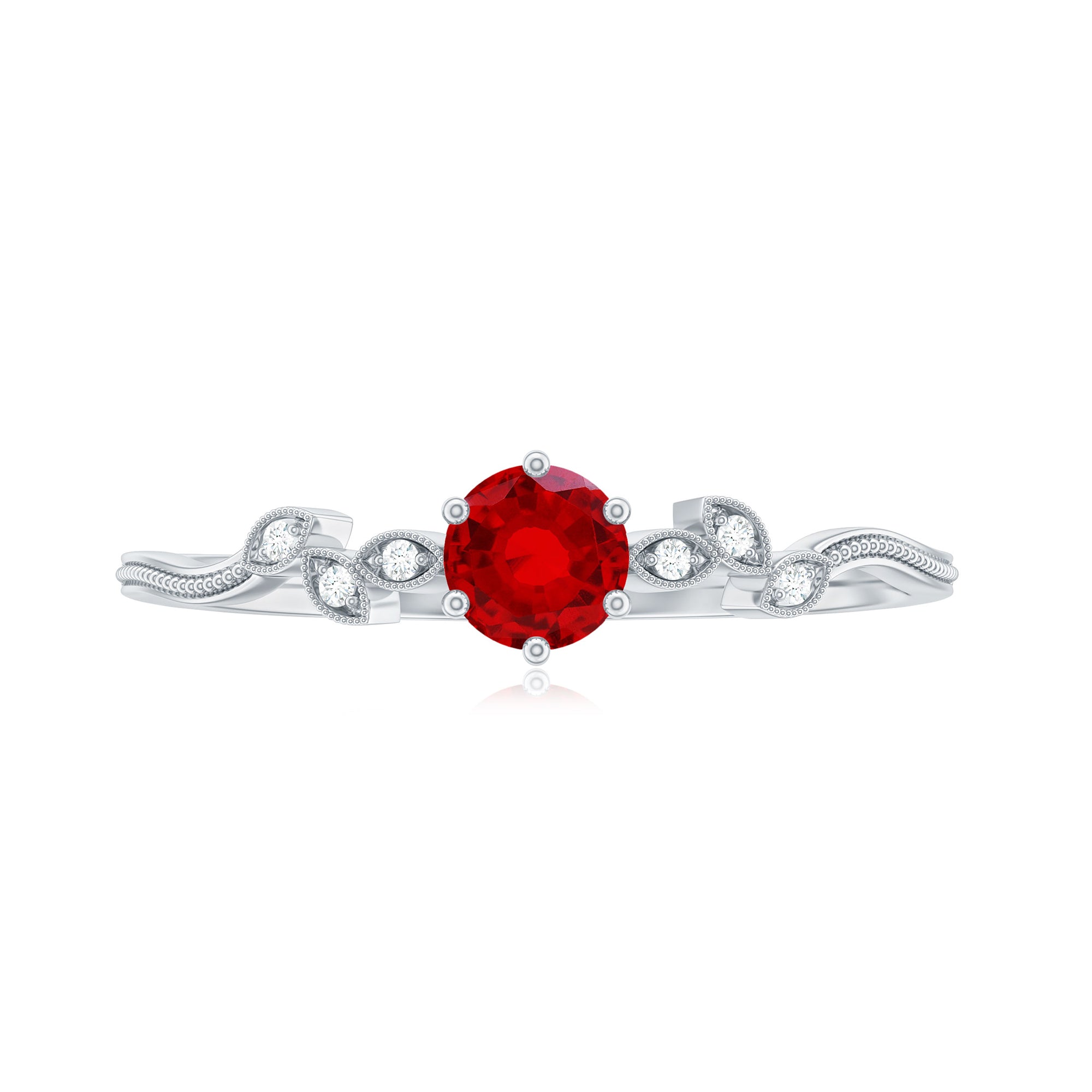 Created Ruby and Diamond Minimal Leaf Branch Ring Lab Created Ruby - ( AAAA ) - Quality - Rosec Jewels