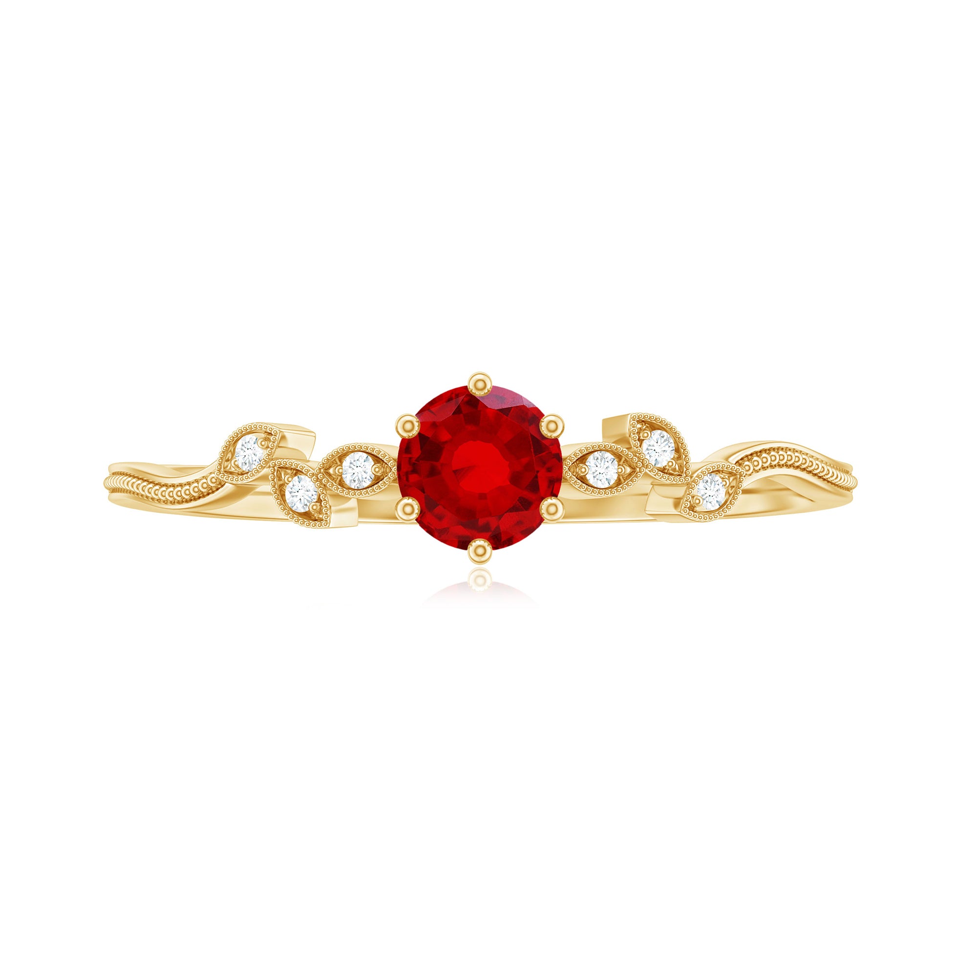 Created Ruby and Diamond Minimal Leaf Branch Ring Lab Created Ruby - ( AAAA ) - Quality - Rosec Jewels